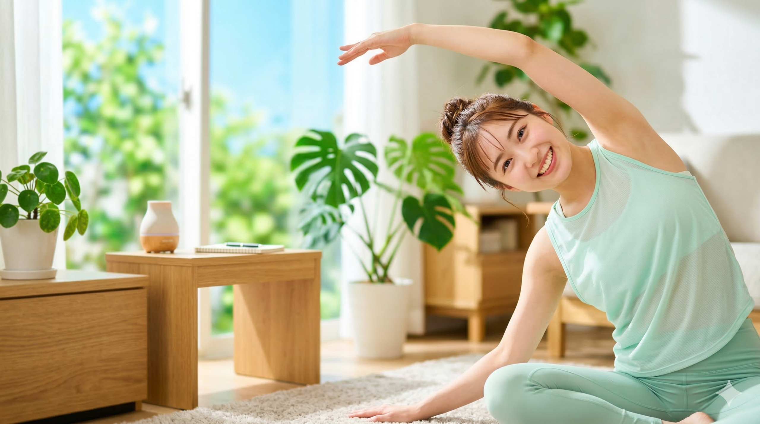 明るいリビングで、ミントグリーンのウェアを着た日本人女性が笑顔でサイドストレッチをしている。