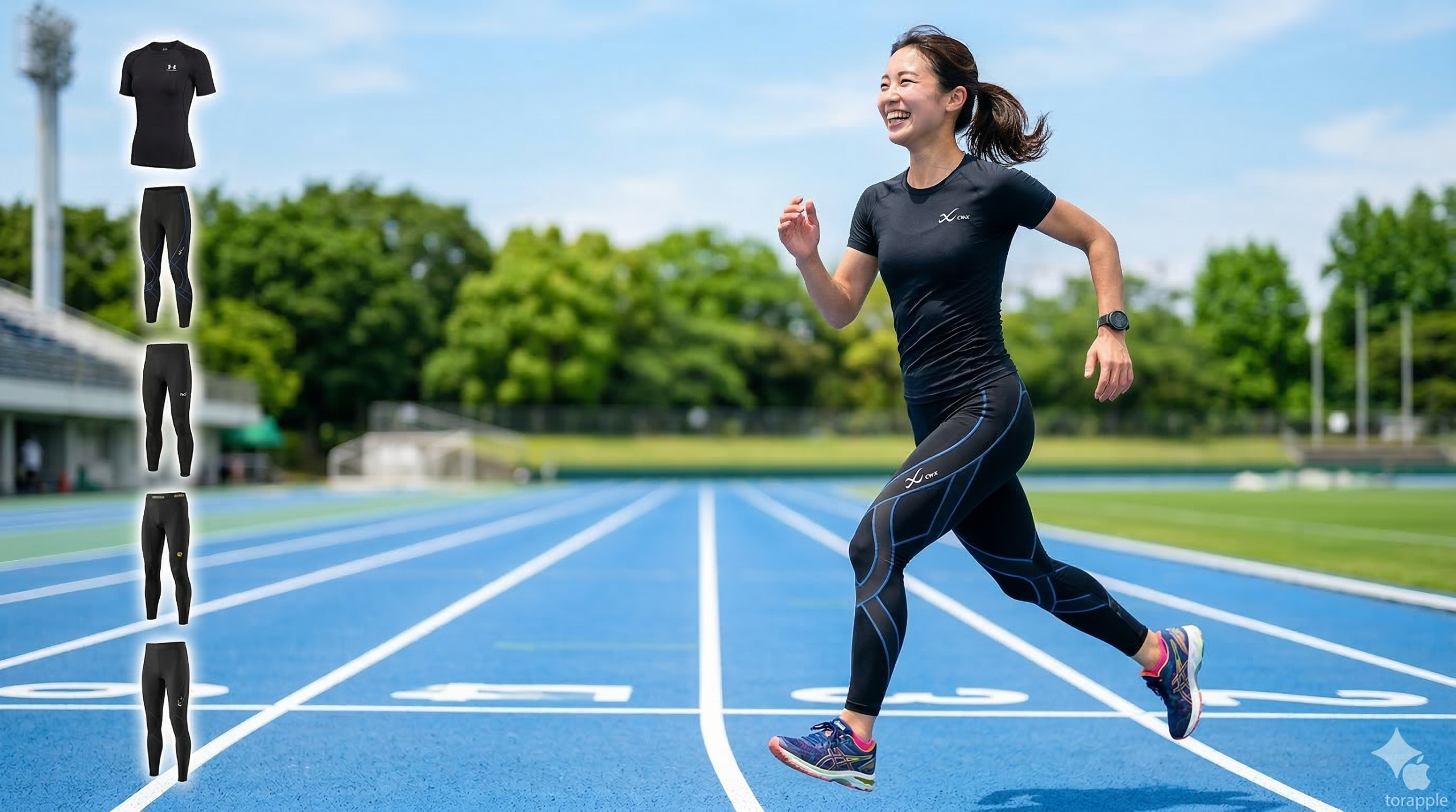 黒いコンプレッションウェアを着た女性が笑顔で走っている。左側には5つのコンプレッションウェアの商品画像が並んでいる