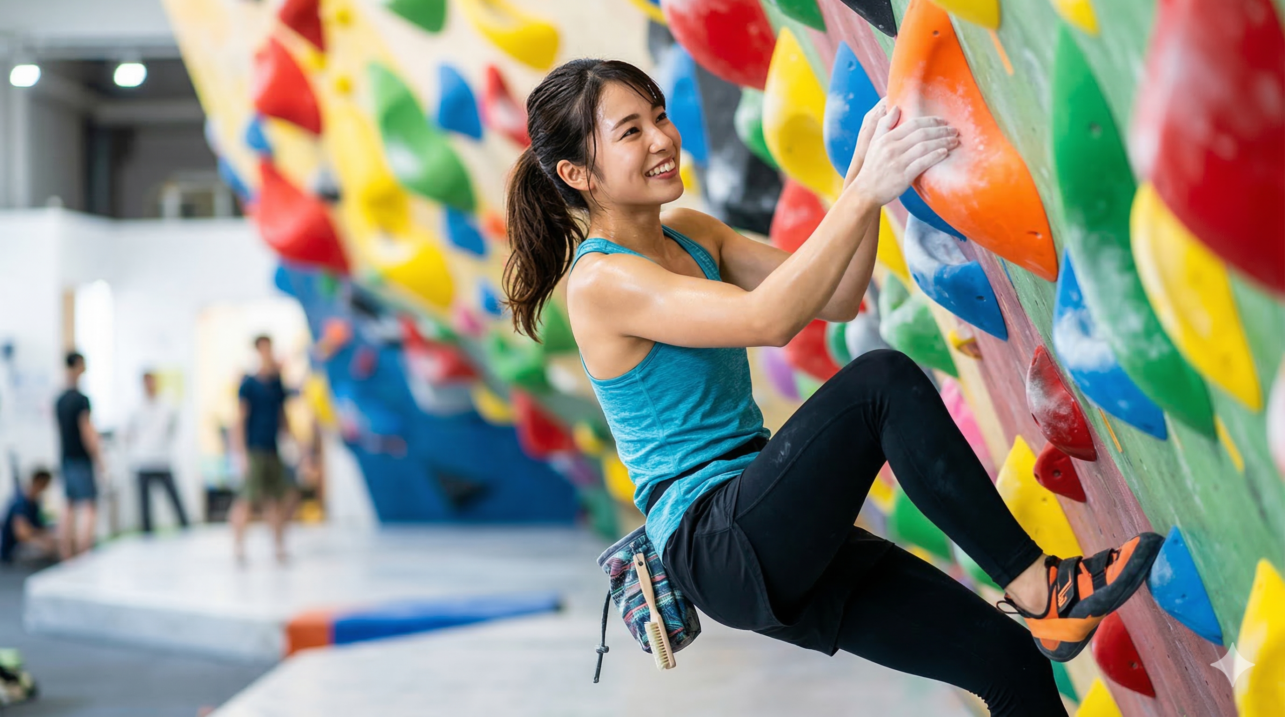 笑顔でボルダリングを楽しむ女性 - カラフルなクライミングジムでの体験