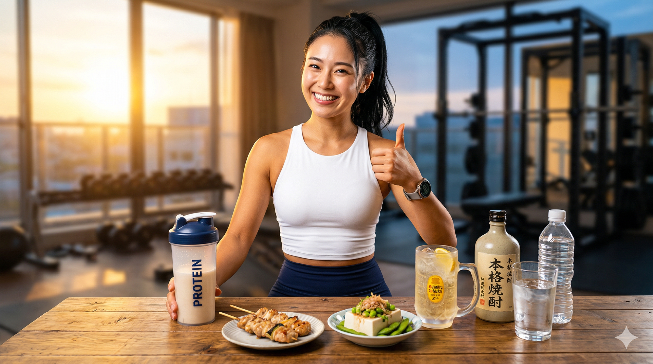 トレーニング後に笑顔でヘルシーな食事とお酒を楽しむ女性 - ホームジムの夕暮れ