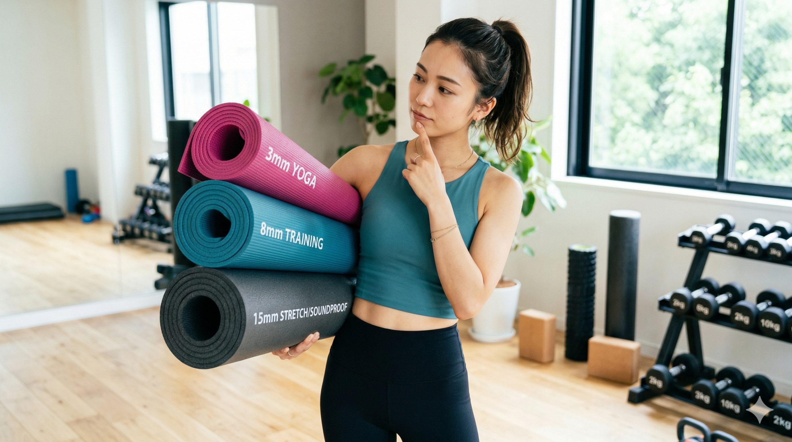 フィットネスマット比較 - 3mm・8mm・15mmのマットを持つ女性 3種類の厚さのフィットネスマットを抱えて、どれを選ぶか考えている女性