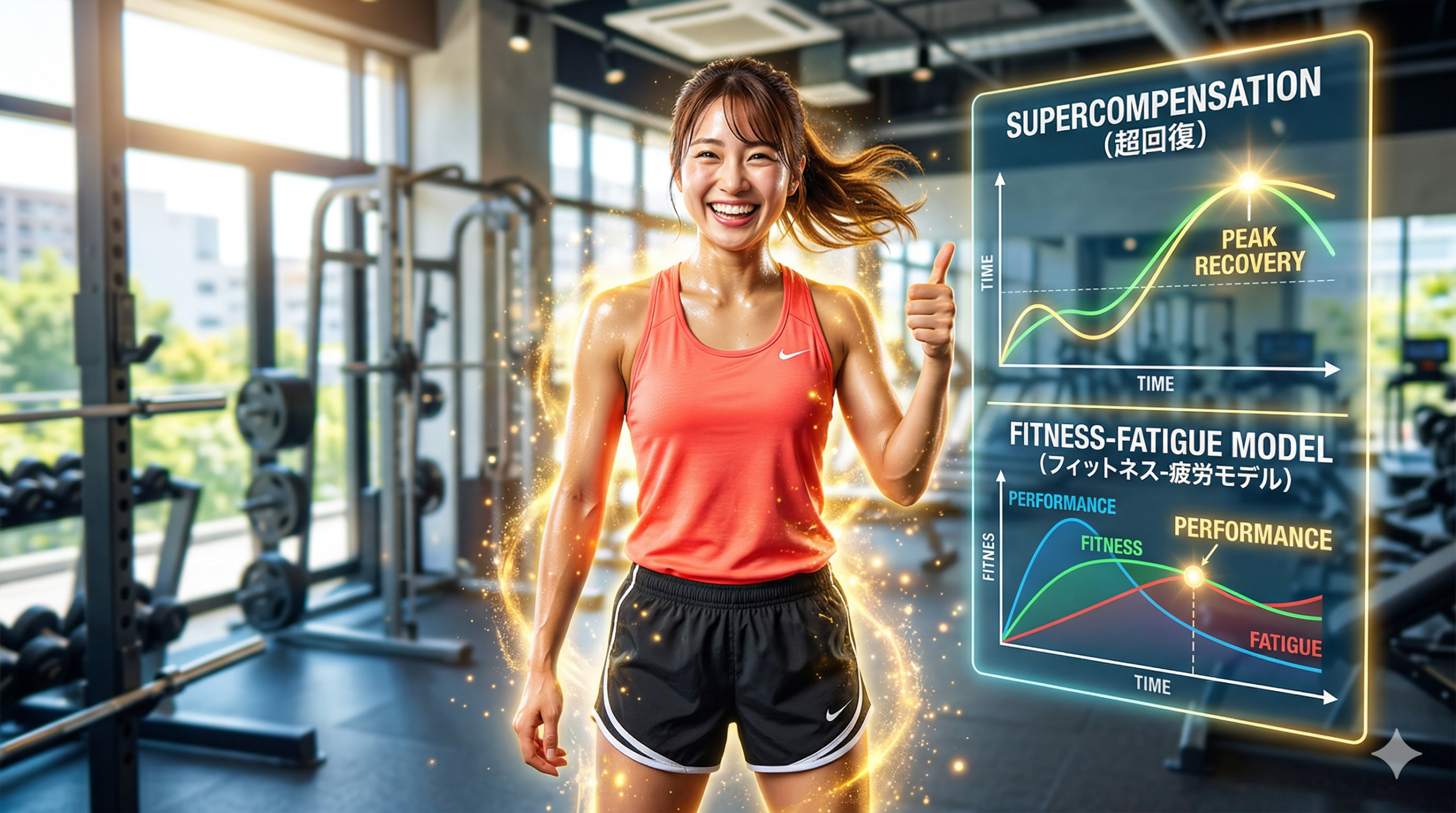 超回復とフィットネス疲労モデルのグラフとサムズアップする女性