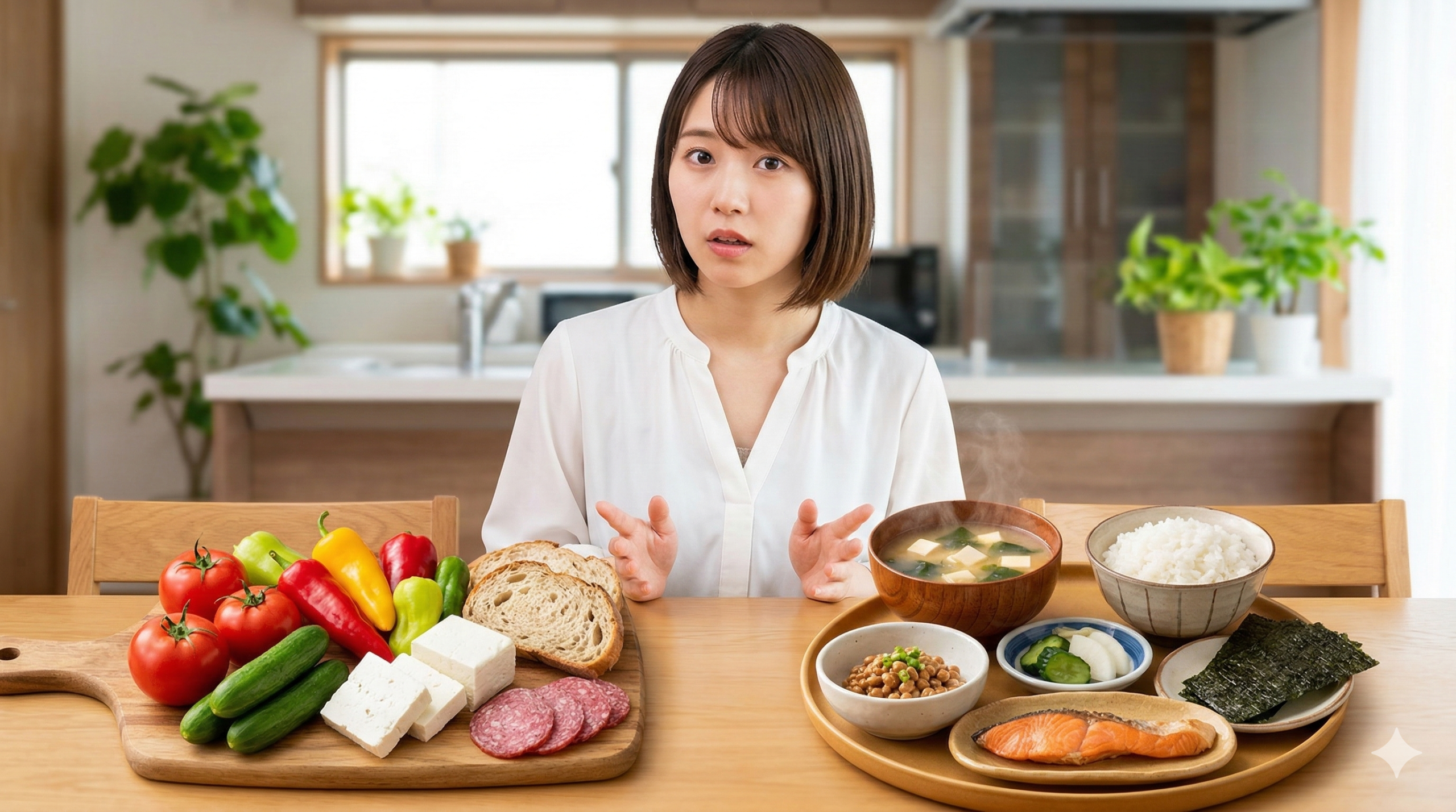日本の伝統的な一汁三菜朝食と、バルカン半島のシャルキュトリーボード朝食を見比べる、白いブラウスの若い日本人女性