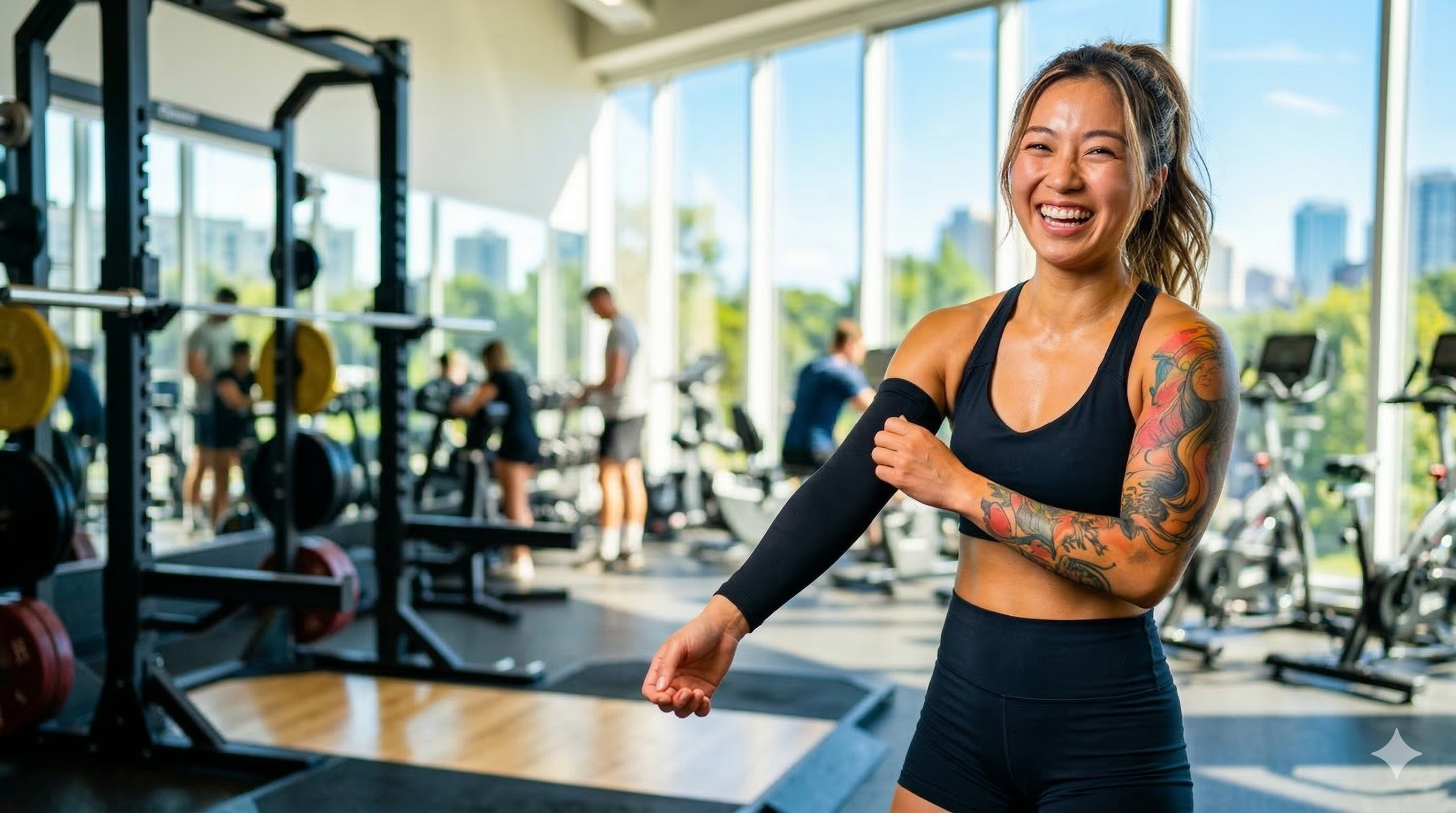 モダンなジムで、笑顔でコンプレッションスリーブを調整するタトゥーのある日本人フィットネス女性