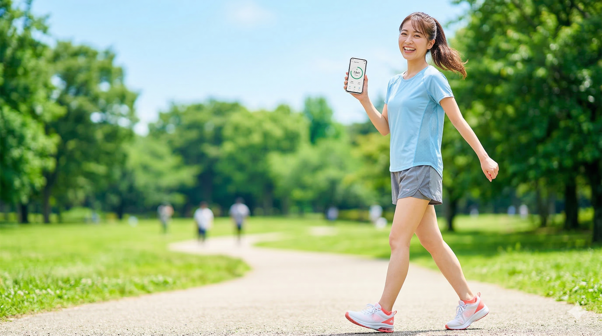 晴れた日の公園で、笑顔でウォーキングをしながら、手に持ったスマートフォンの歩数計アプリ画面を見せる女性。青いＴシャツとショートパンツ姿。背景は緑豊かな木々と青空で、心地よい運動の雰囲気を表現