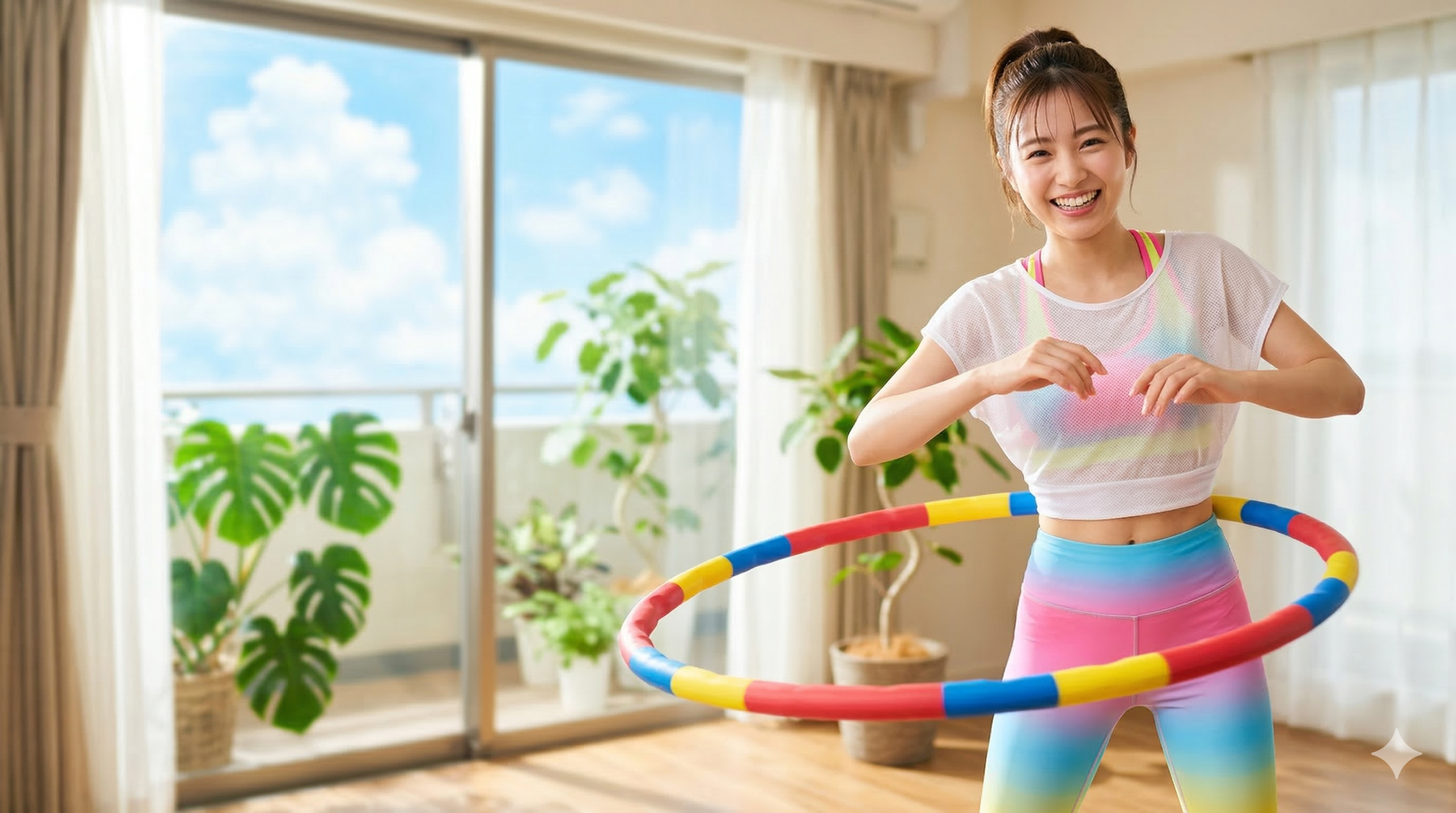 夏の自宅フィットネス-笑顔でフラフープを楽しむ女性