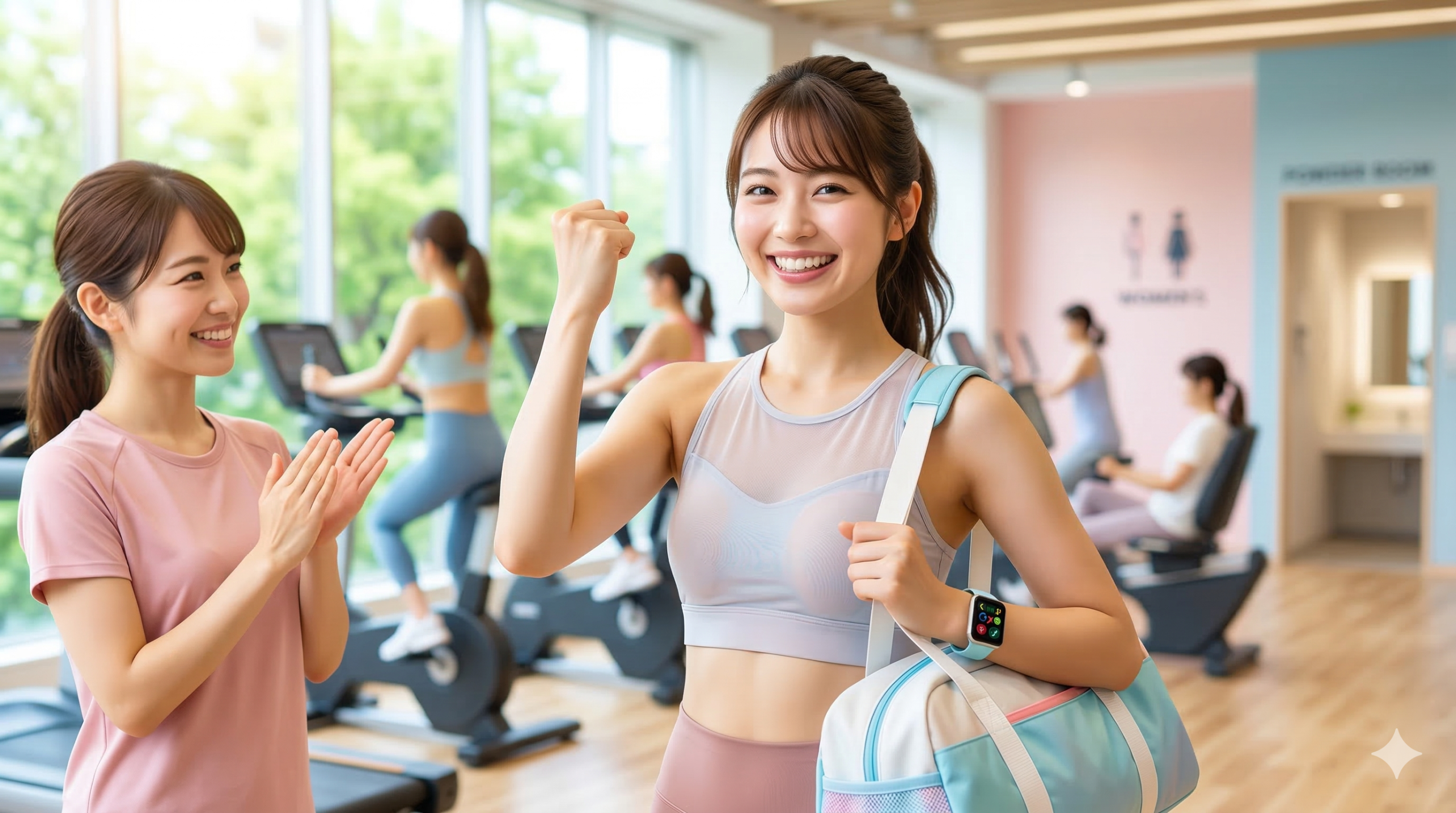 明るいジムで、トレーニングウェア姿の女性がガッツポーズをして笑っており、隣で女性トレーナーが拍手している。女性はジムバッグとスマートウォッチを身につけている。背景にはトレーニング機器や他の女性が見える