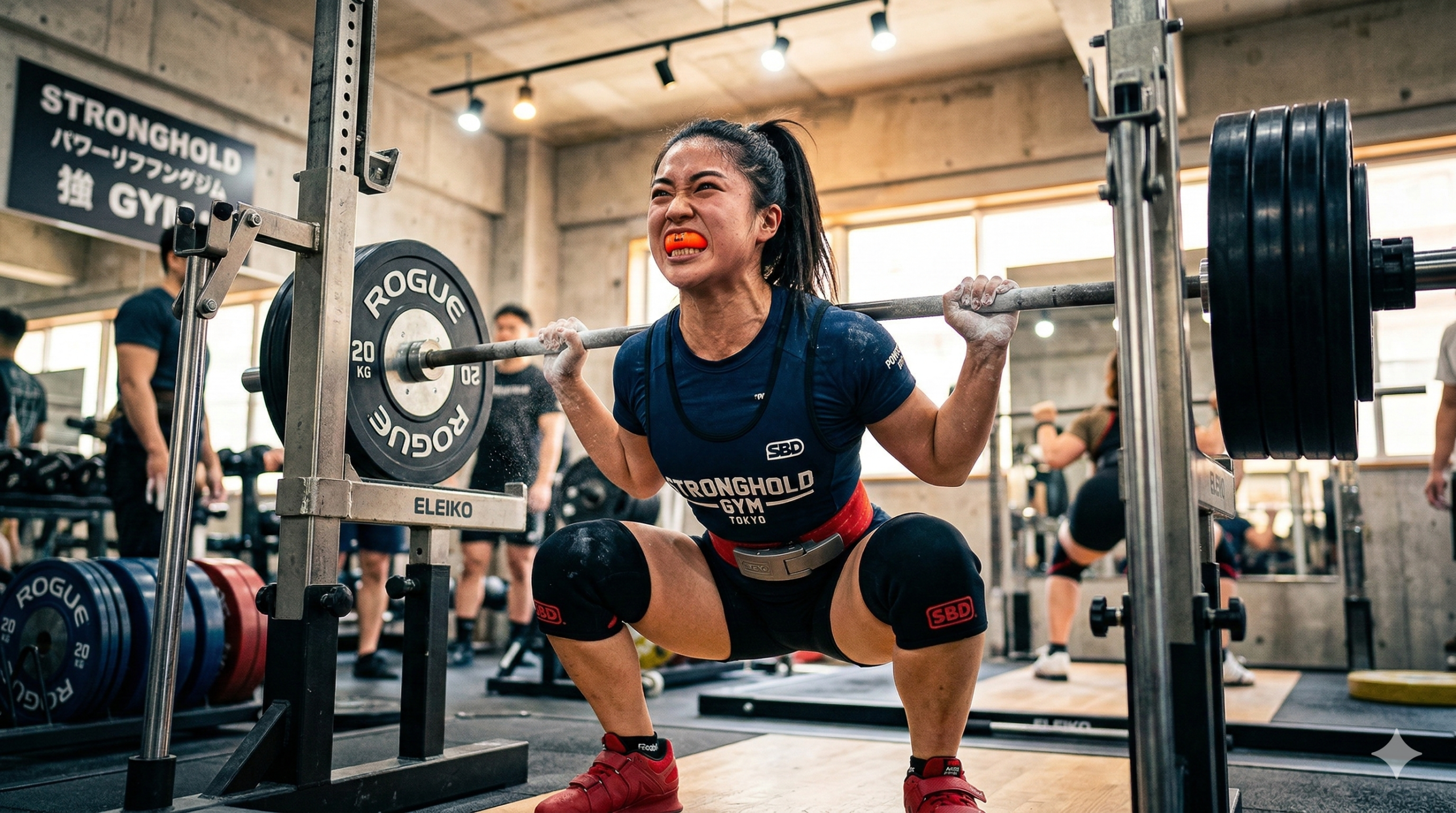 STRONGHOLD GYM TOKYOで、深くしゃがみ込みながらバーベルスクワットをする女性パワーリフター。手にはチョーク、口にはマウスガードをしている
