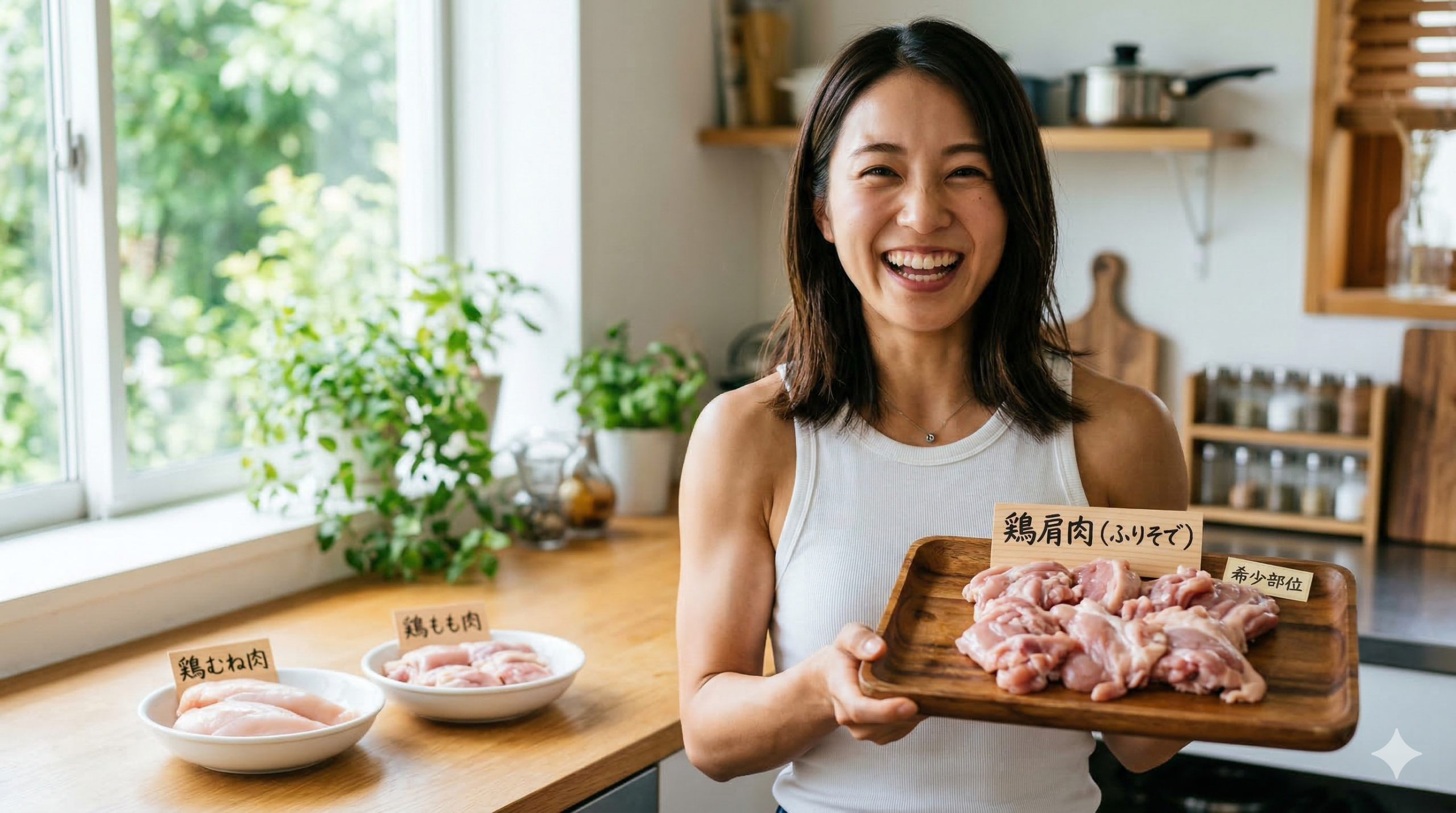 明るいキッチンで、白いタンクトップを着た笑顔の日本人女性が、鶏肩肉（ふりそで）の載った木のトレイを持っている。カウンターには、鶏むね肉と鶏もも肉が並んでいる