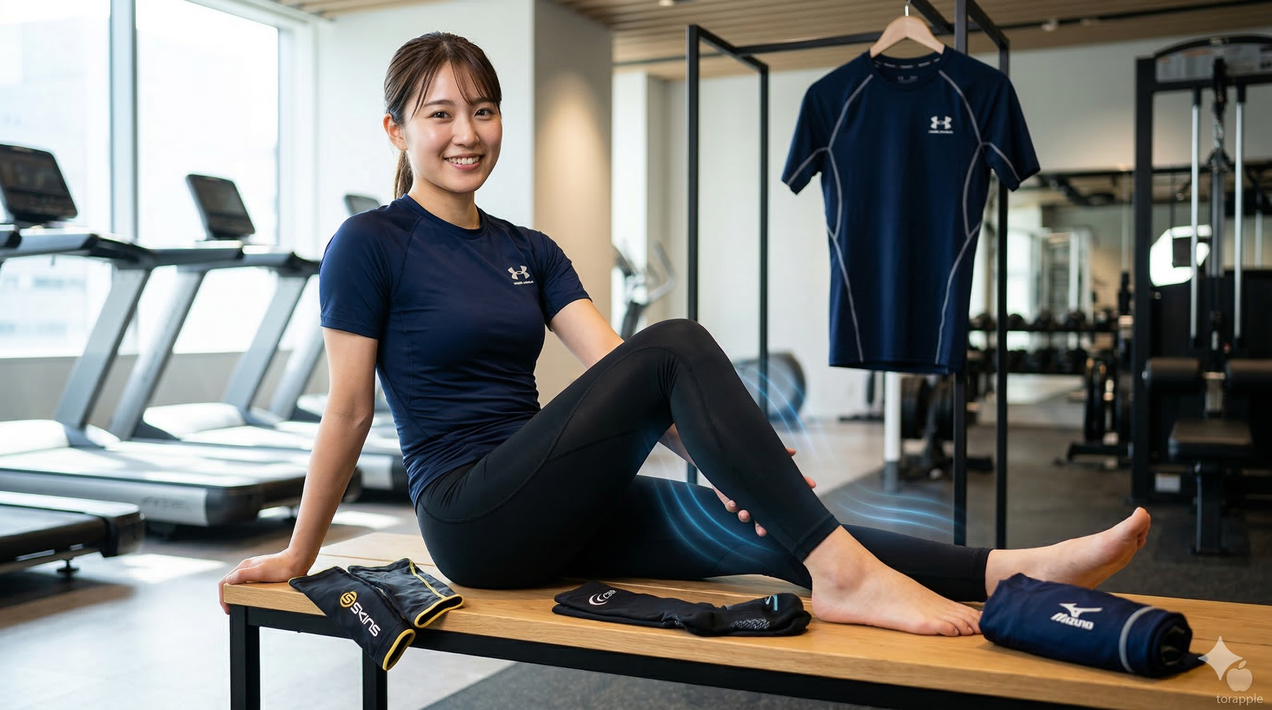 ジムのベンチに座り、コンプレッションタイツとシャツを着用して脚に触れる笑顔の女性と、ベンチに並べられた各ブランドのコンプレッションアイテム