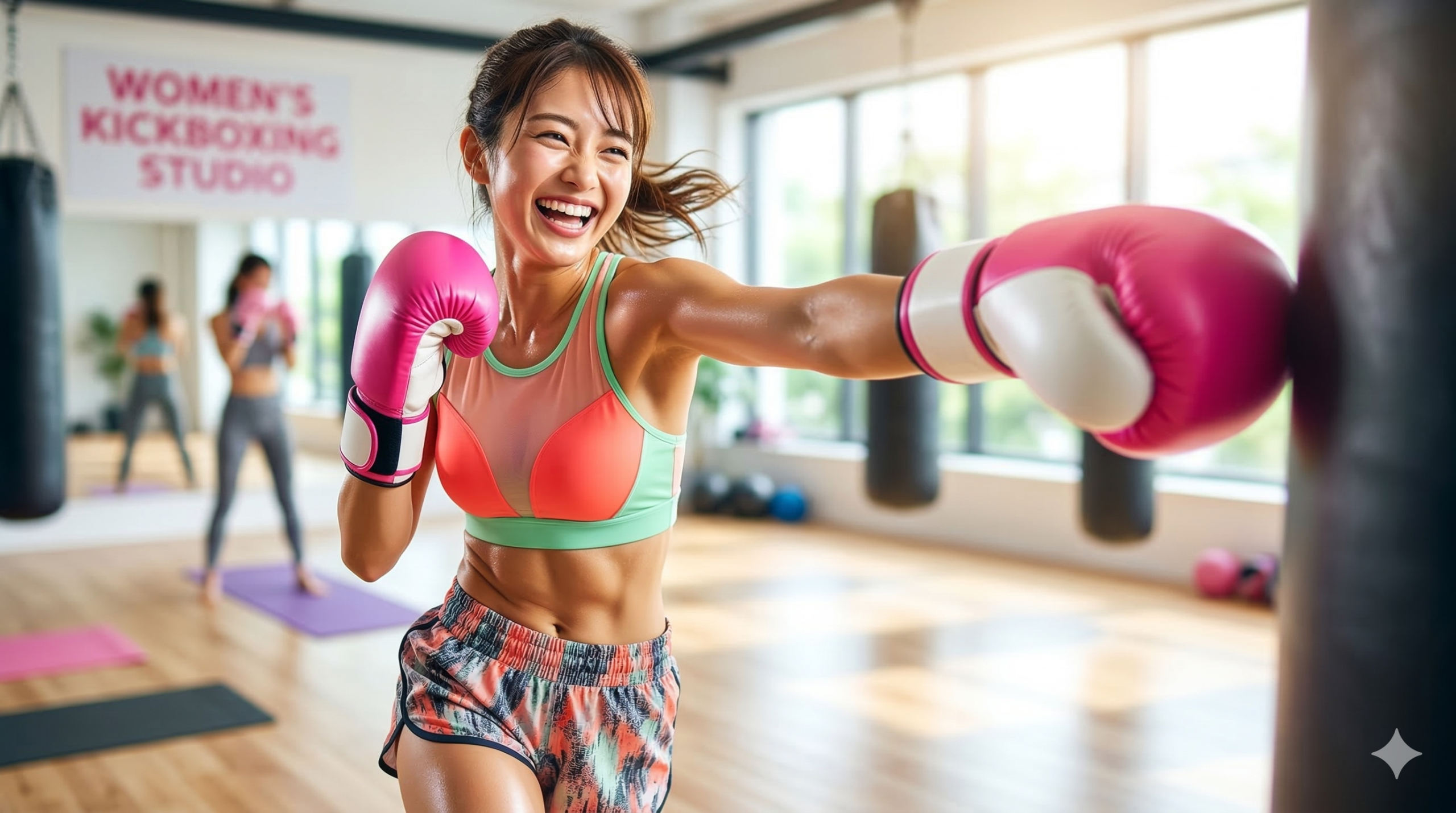 女性専用スタジオでサンドバッグにパンチをする笑顔の日本人女性