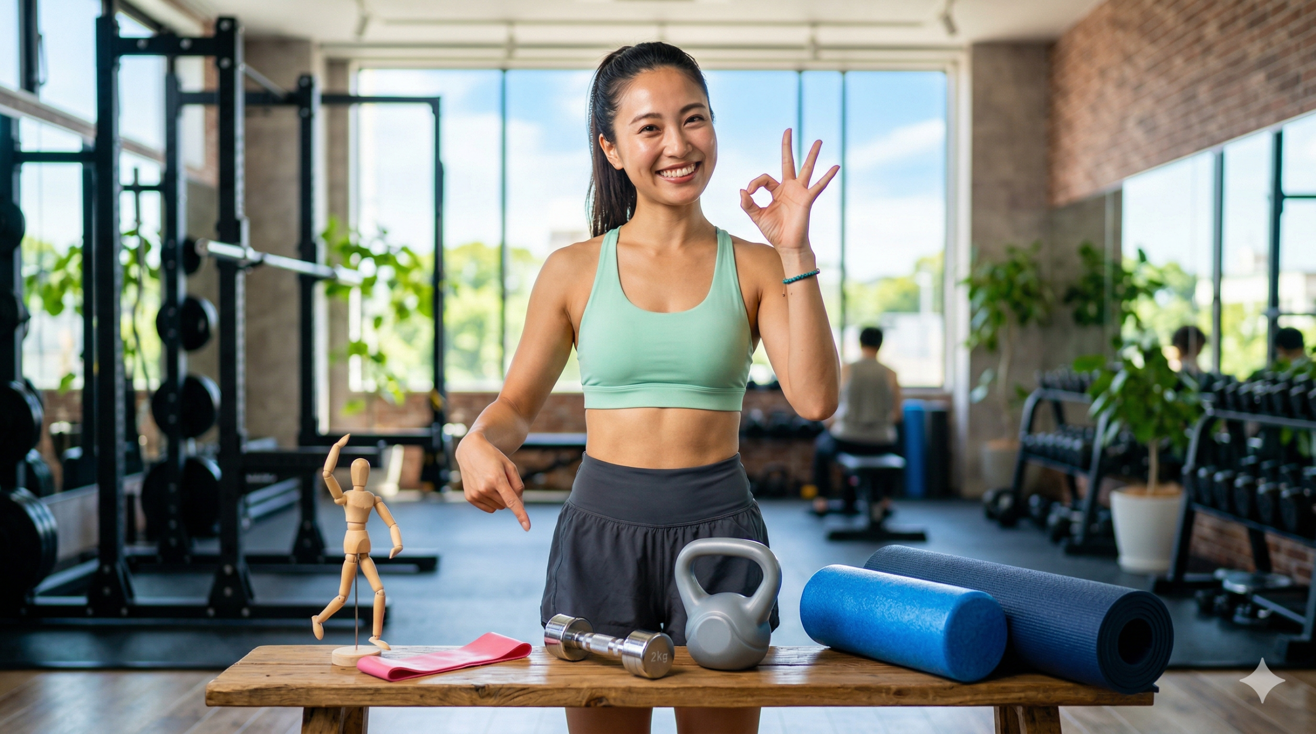 プロフェッショナルなフィットネス女性_ジムで器具を指差しOKサイン 明るいジムでOKサインを出し、手前のフィットネス器具を指差す笑顔の日本人女性