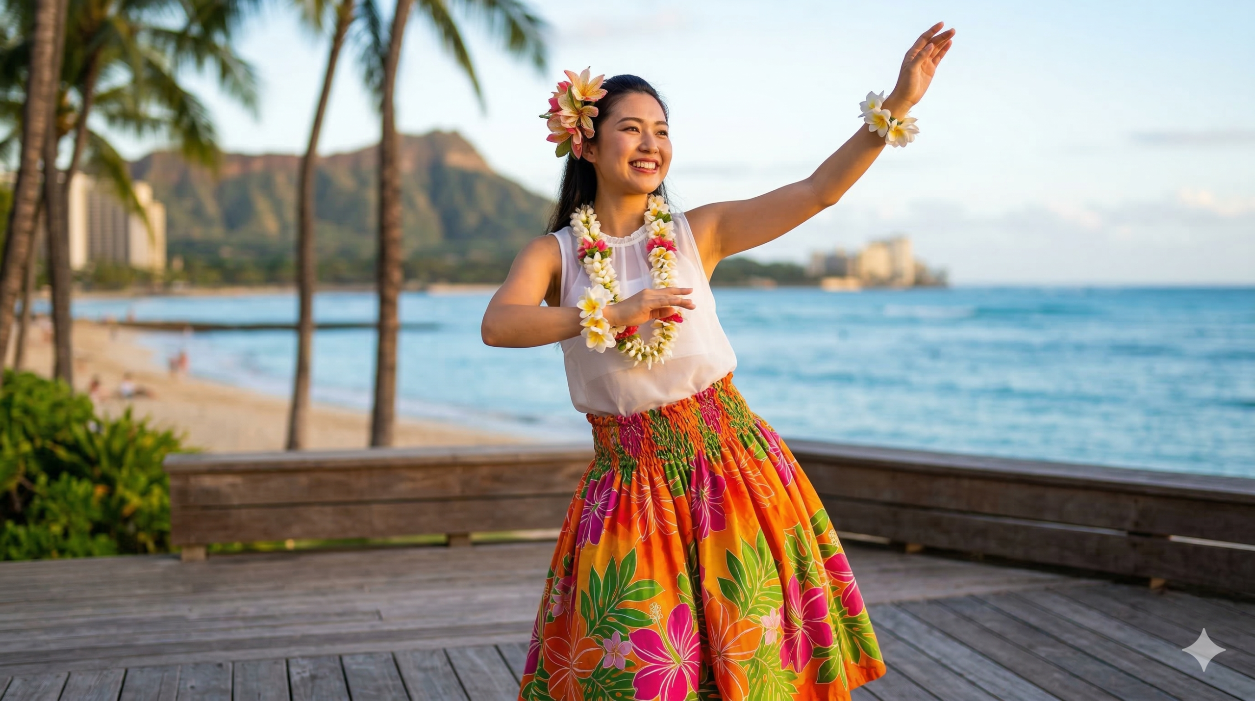 ハワイのワイキキビーチで、ダイヤモンドヘッドを背景に笑顔でフラダンスを踊る女性
