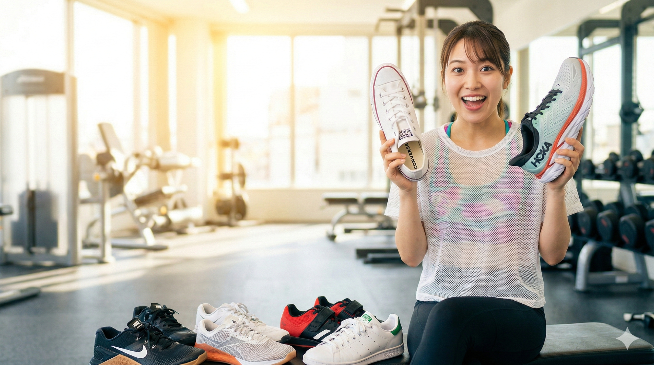 明るいフィットネスジムで、両手に異なる種類のトレーニングシューズを持ち、笑顔でこちらを見ている女性の写真