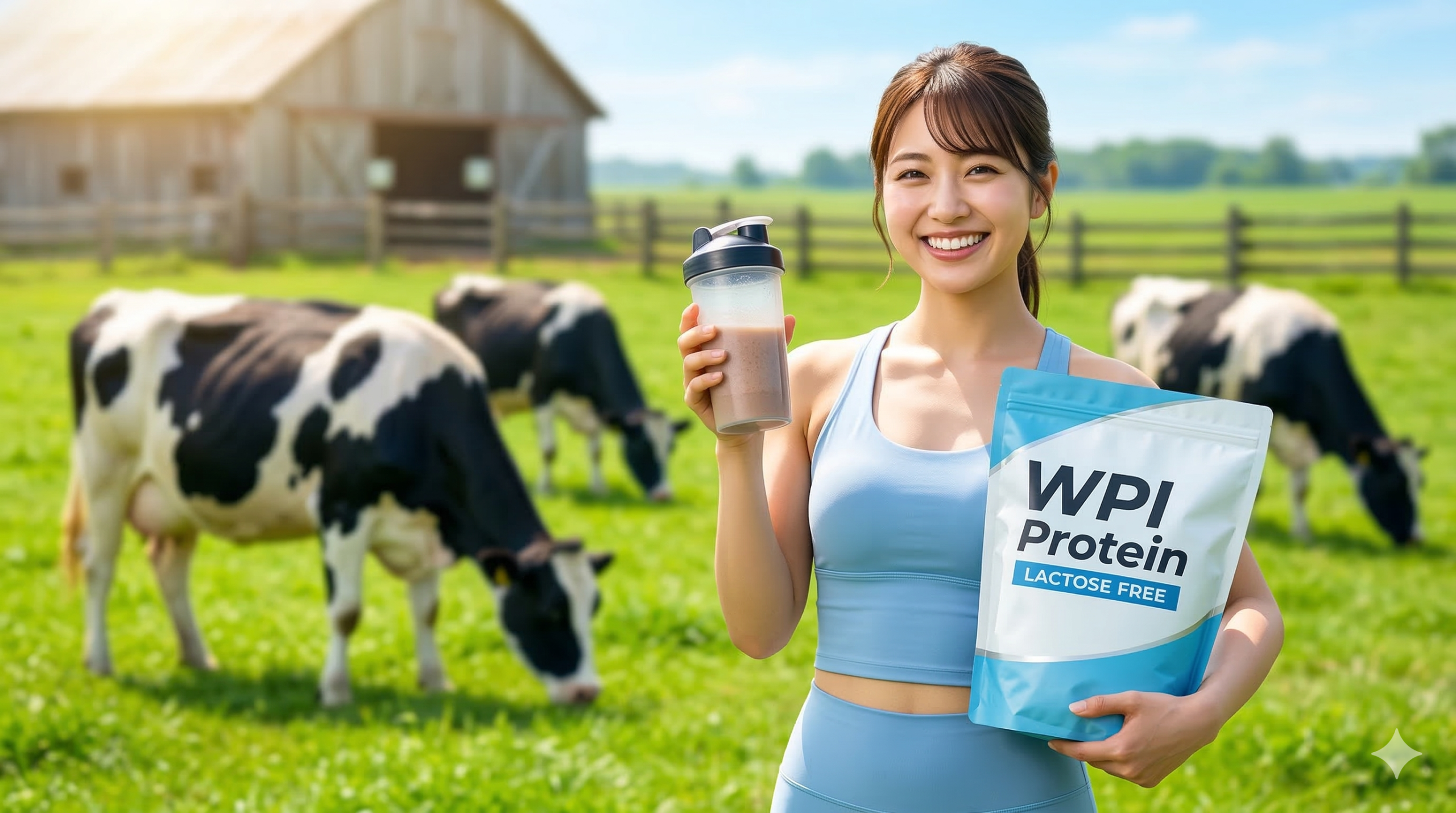 牧場の牛を背景にWPIプロテインとシェイカーを持って微笑む女性