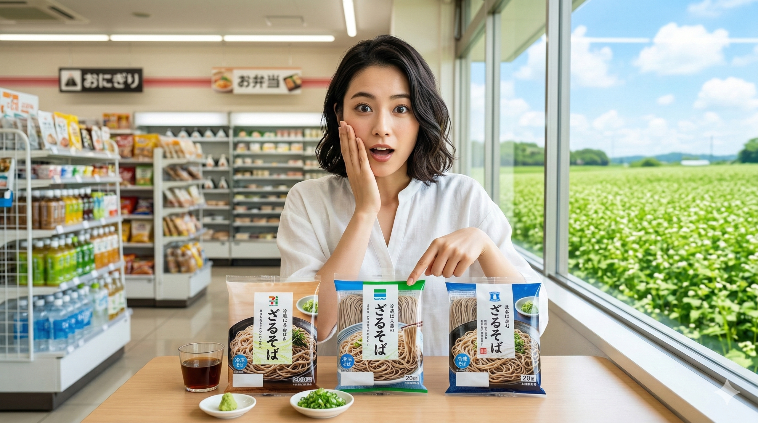 コンビニで3つのざるそばを前に驚きの表情で指を差す日本人女性
