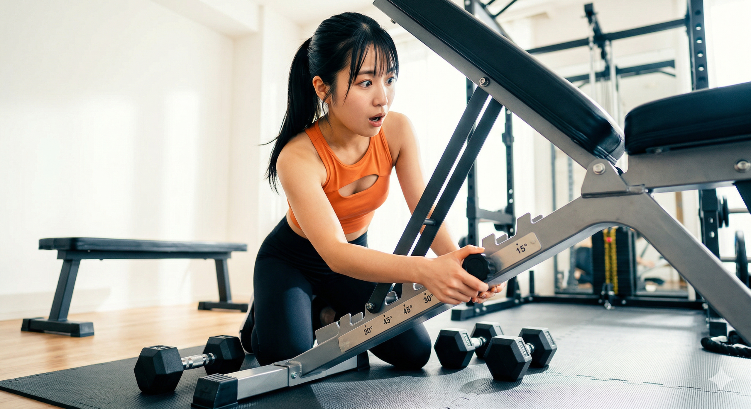 ホームジムでインクラインベンチの角度を調節しながら驚いた表情をしている若い女性