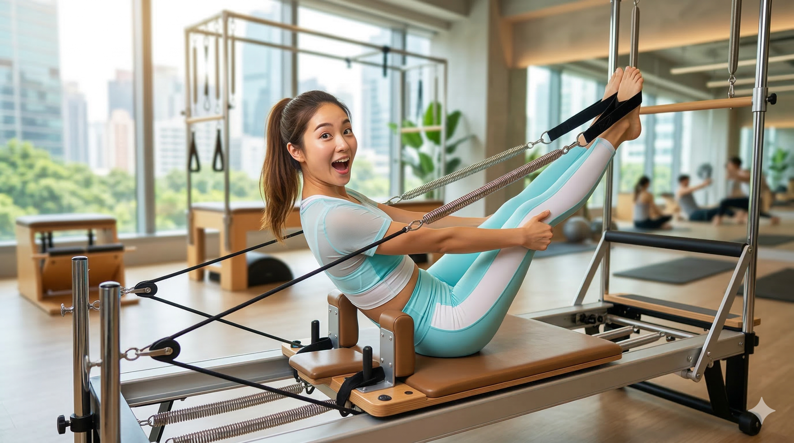 マシンピラティスでボディメイク体験 - 驚きの表情の女性