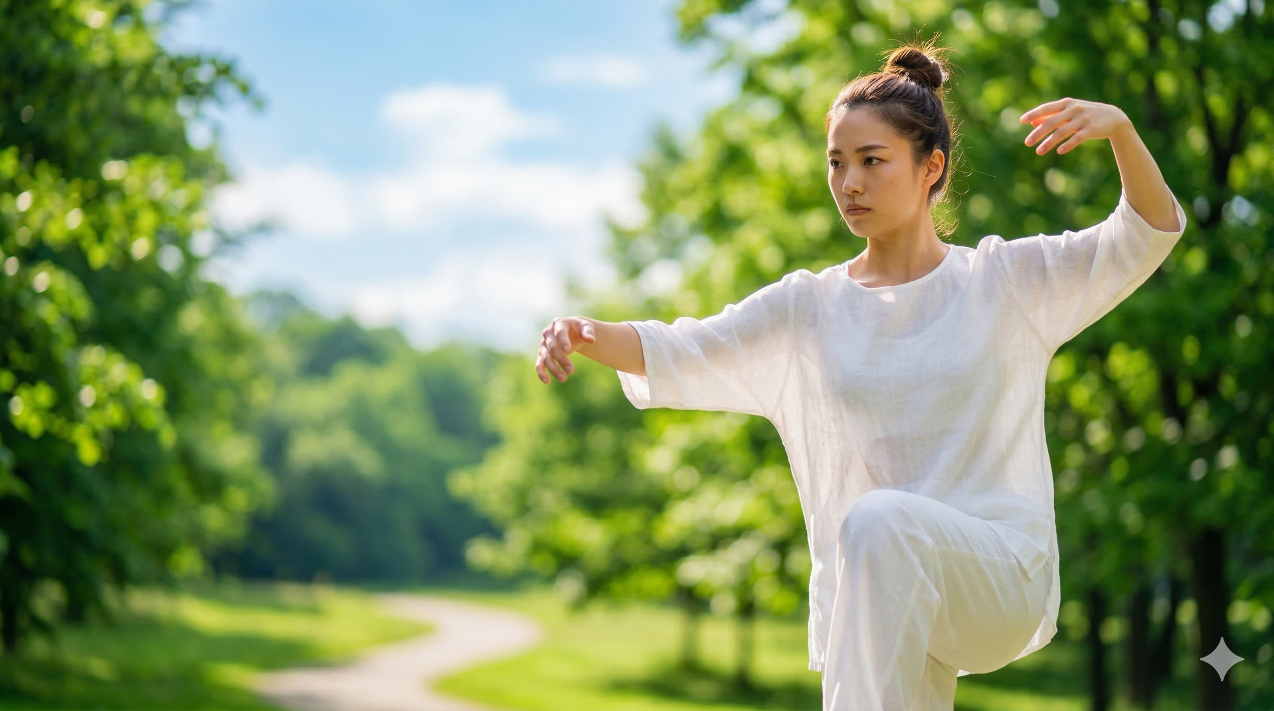 緑豊かな夏の公園で、白い太極拳ウェアを着てゆっくりとした動きでバランスをとる日本人女性