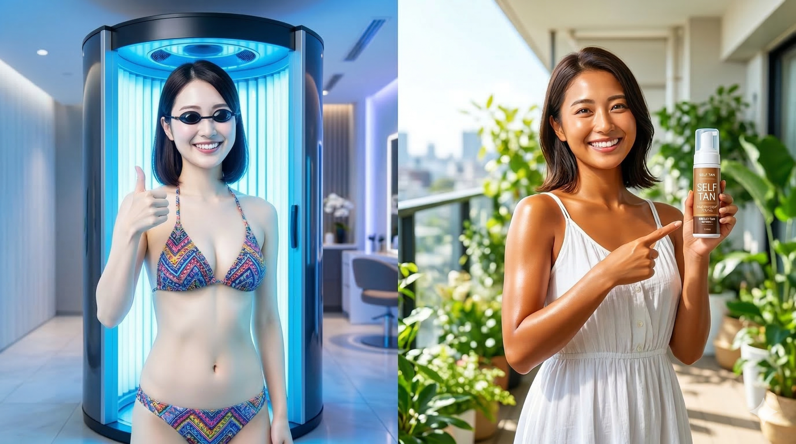 日焼けサロンのマシンに入る色白の女性と、セルフタンニング製品で健康的な小麦色になった女性の比較