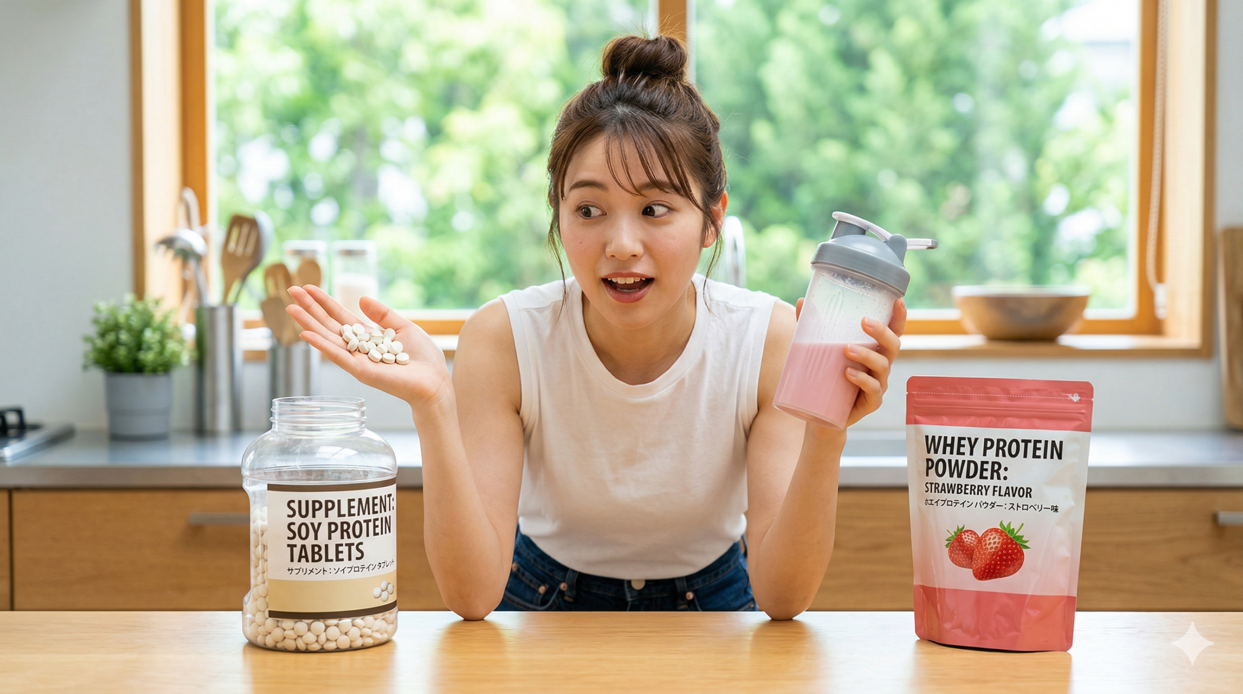 プロテインタブレットとパウダーを比較する日本人女性 明るいキッチンで、手に載せたソイプロテインタブレットとイチゴ味のホエイプロテインシェイカーを驚きながら比較する日本人女性