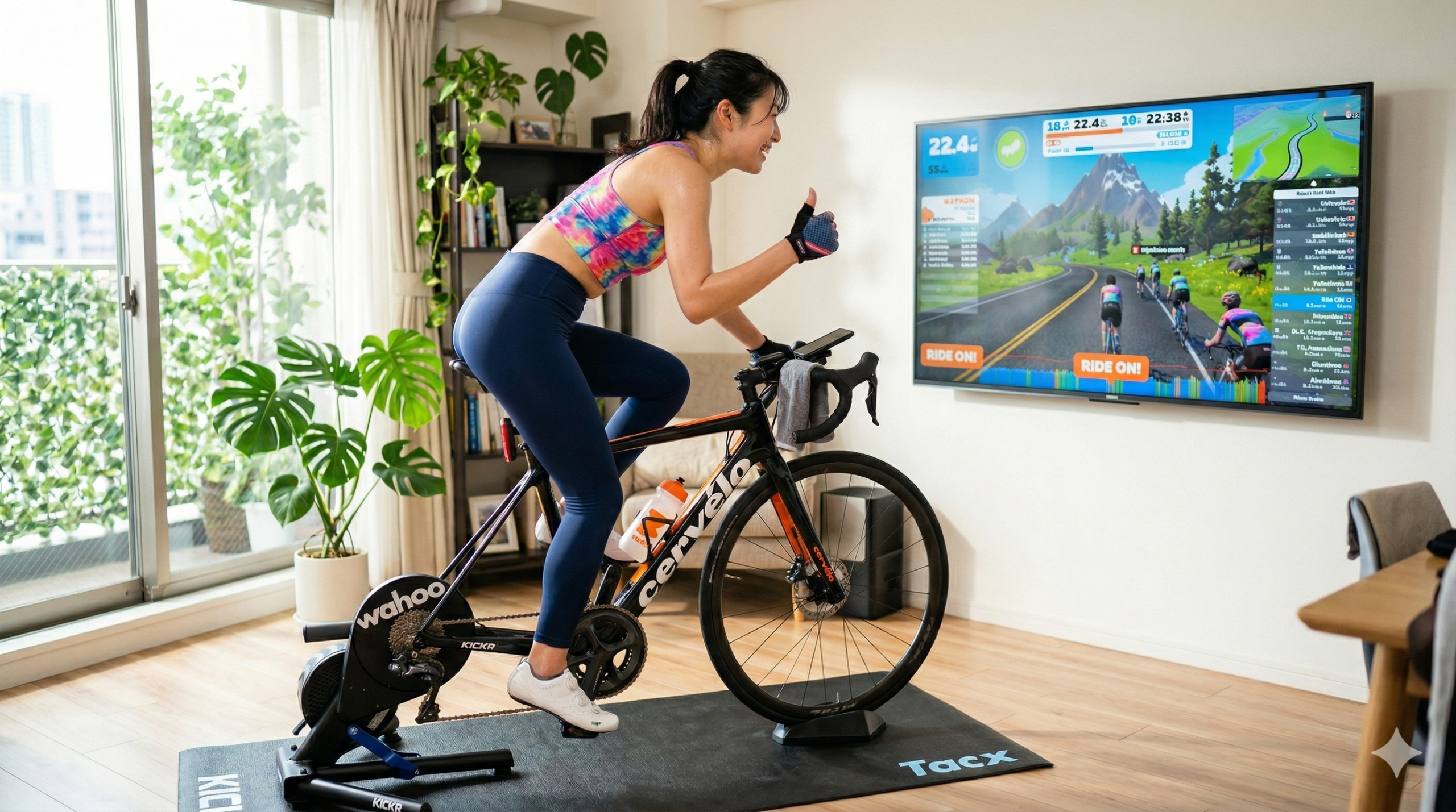 明るいリビングで、室内トレーナーに設置されたロードバイクに乗り、Zwift画面を背景に笑顔でサムズアップをする女性