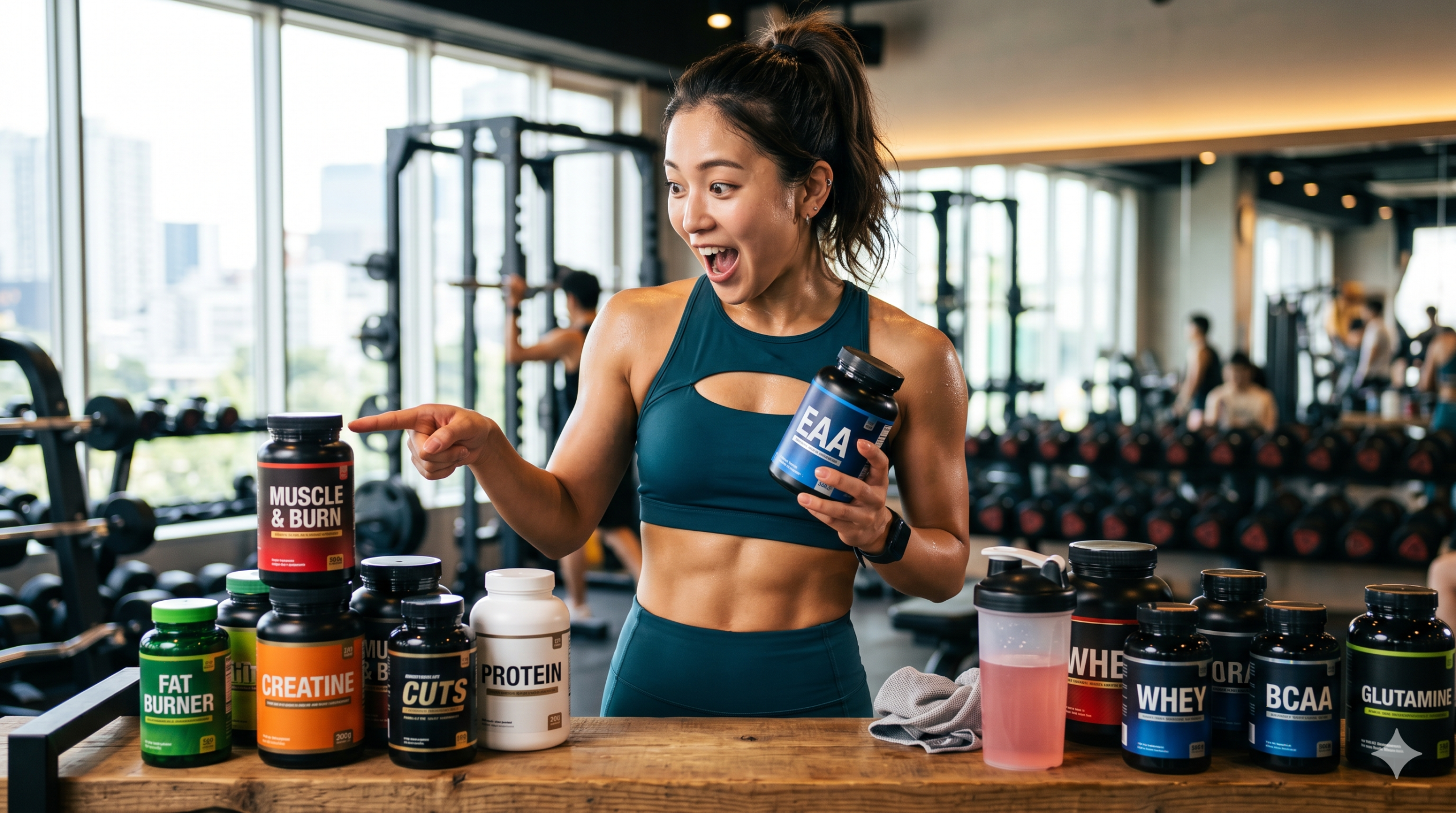 ジムで多数のサプリメントに囲まれ、驚いた表情で特定のボトルを指さすアスレチックな日本人女性
