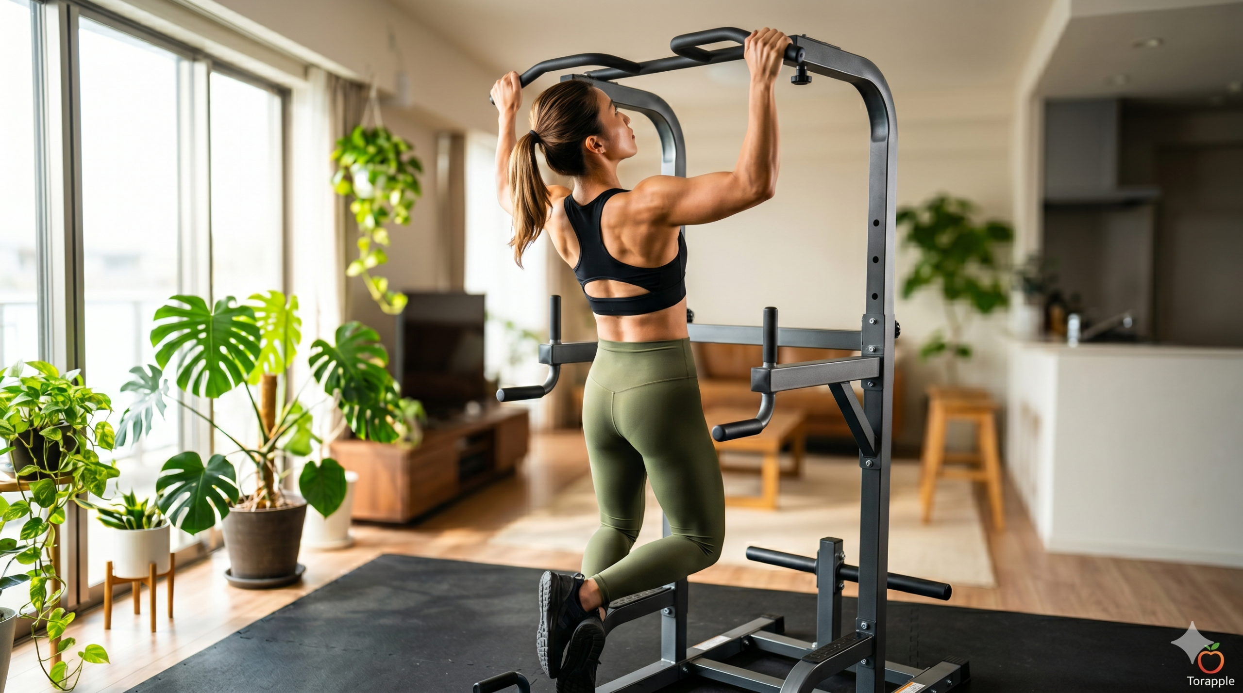 観葉植物に囲まれた明るい部屋で、パワーラックを使って懸垂をする女性