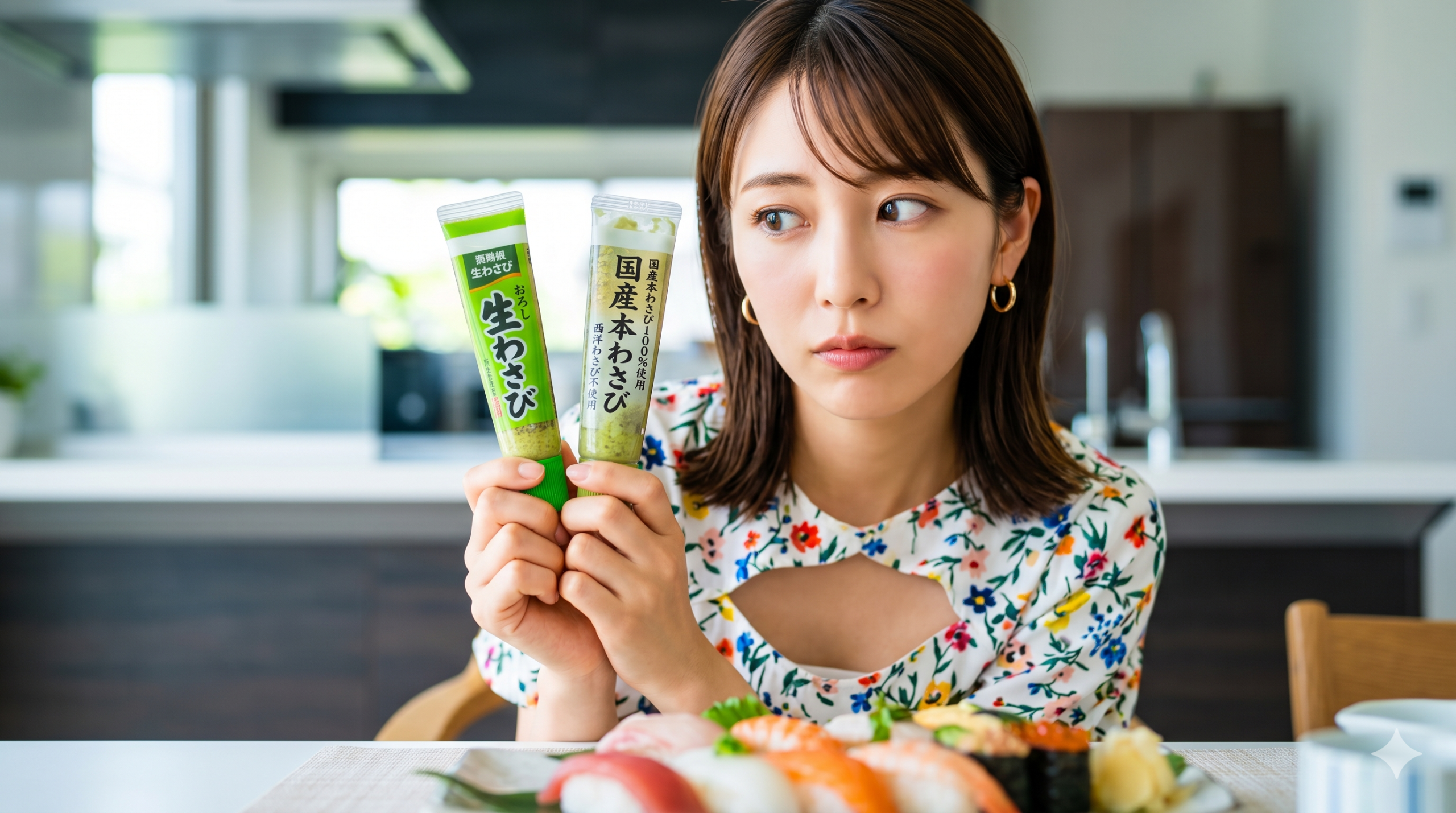 キッチンでお寿司を前に、2種類のチューブわさびを真剣な表情で見比べる若い女性