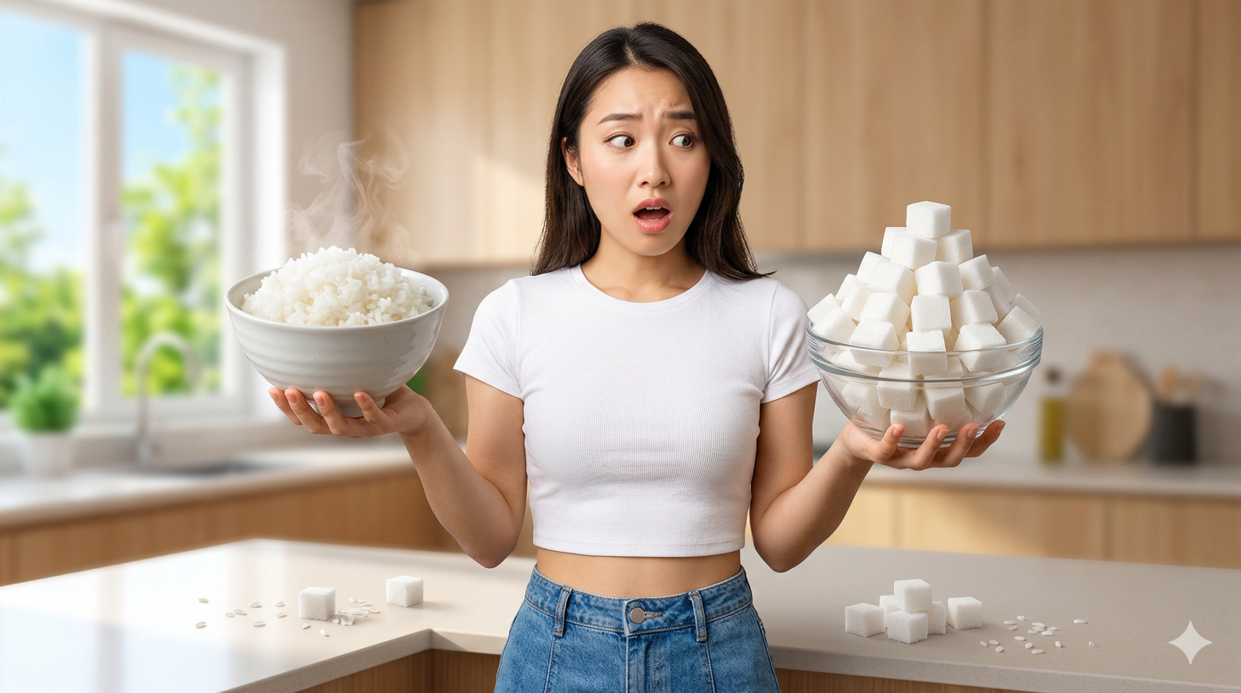 茶碗いっぱいの白米と山盛りの角砂糖を両手に持ち、驚いた表情で比較している女性