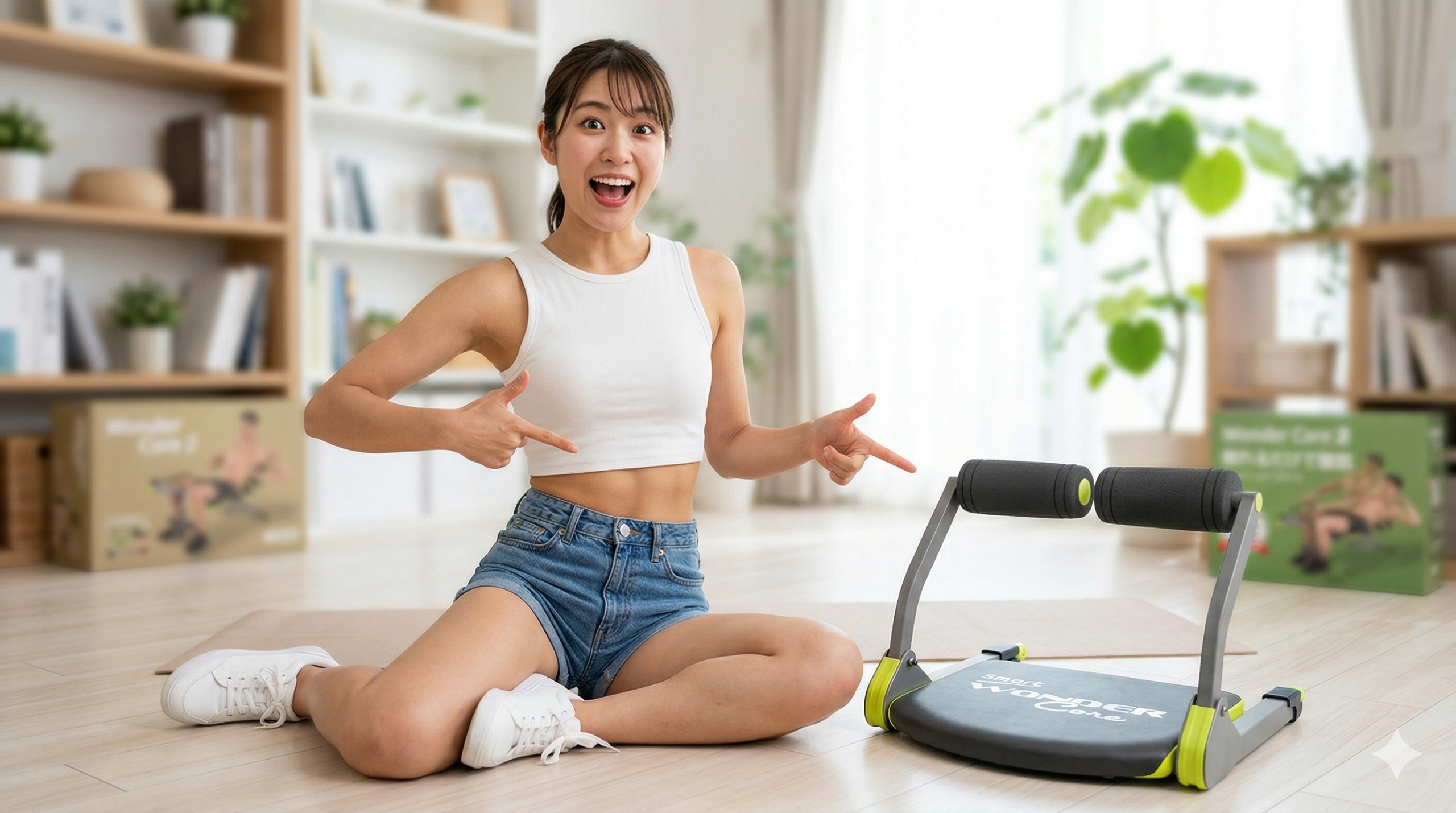 日本人女性が、驚きと喜びの表情で、自分の引き締まったお腹と、隣に置かれた『ワンダーコアスマート』のフィットネス機器を指さしている