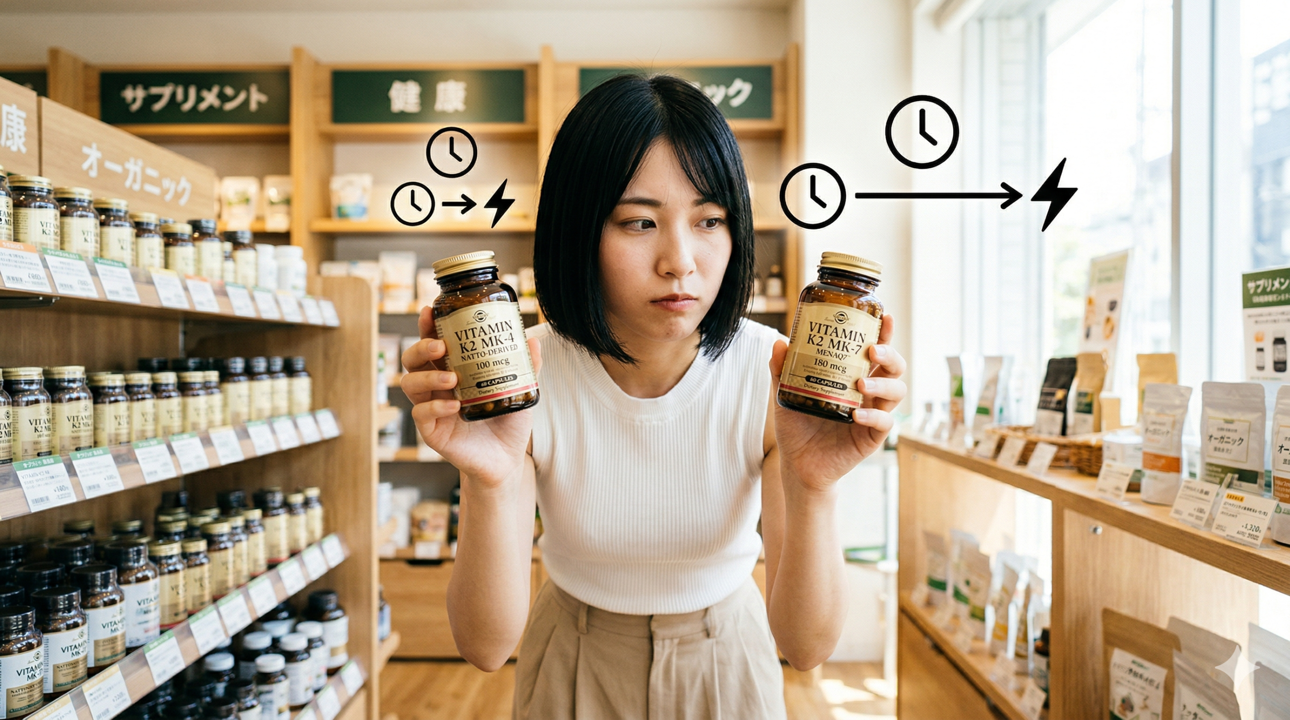 健康食品店でビタミンK2 MK-4とMK-7を比較する女性