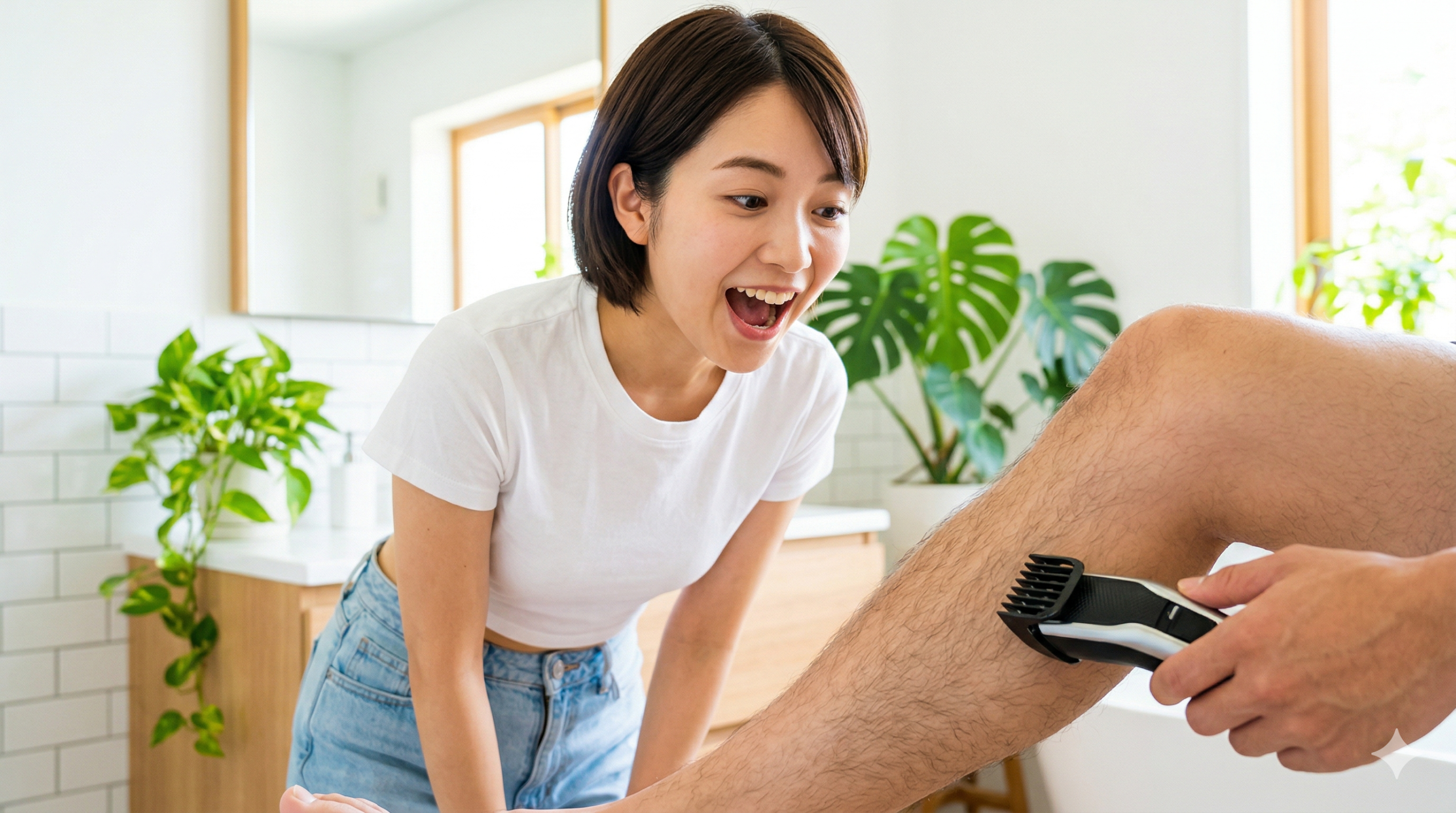 明るいバスルームで、男性がトリマーで脚の毛を剃る様子を見て、驚いて大きな口を開けている女性