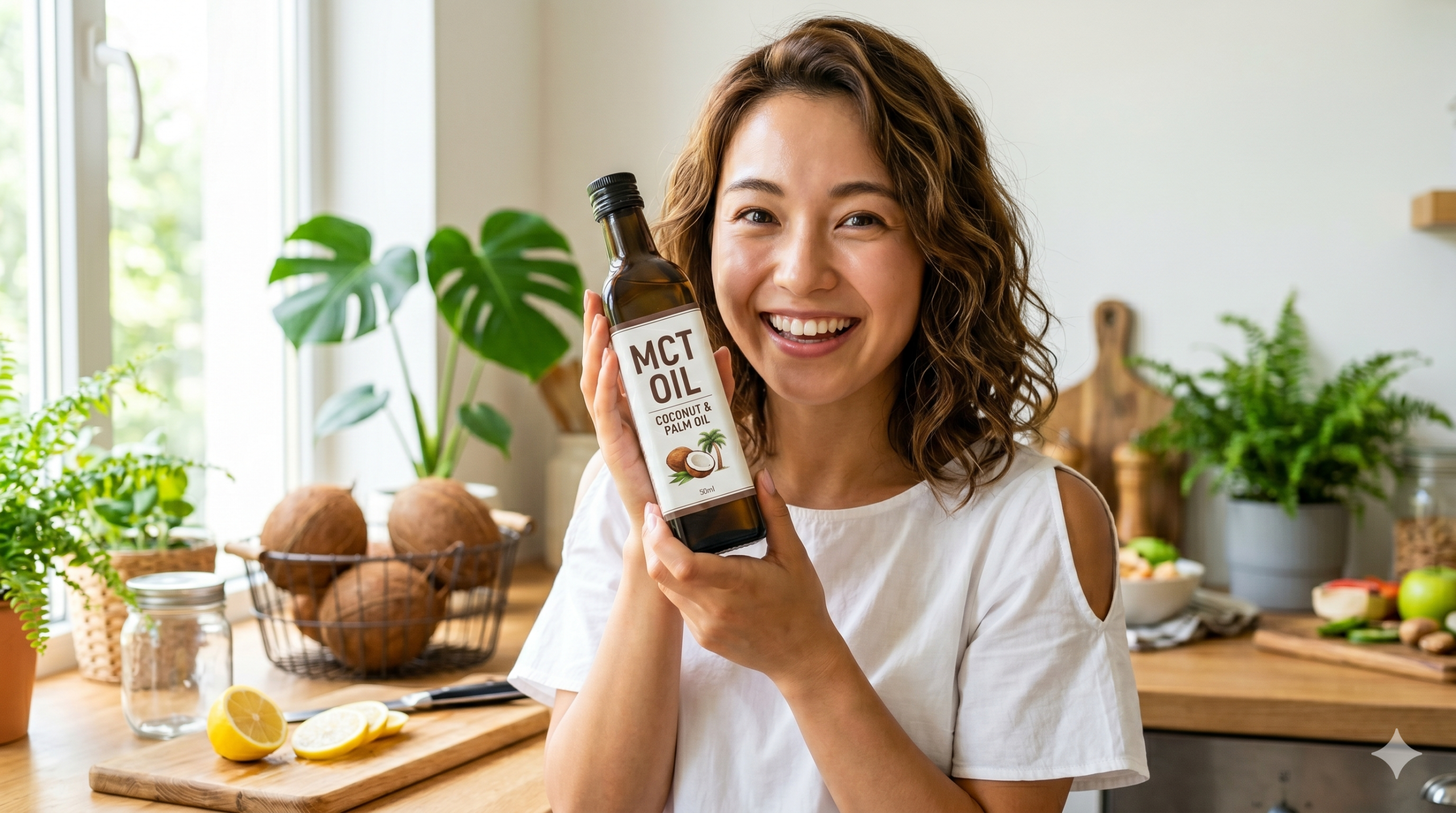 MCTオイルの瓶を持ち、明るいキッチンで笑顔を見せる若い日本人女性。