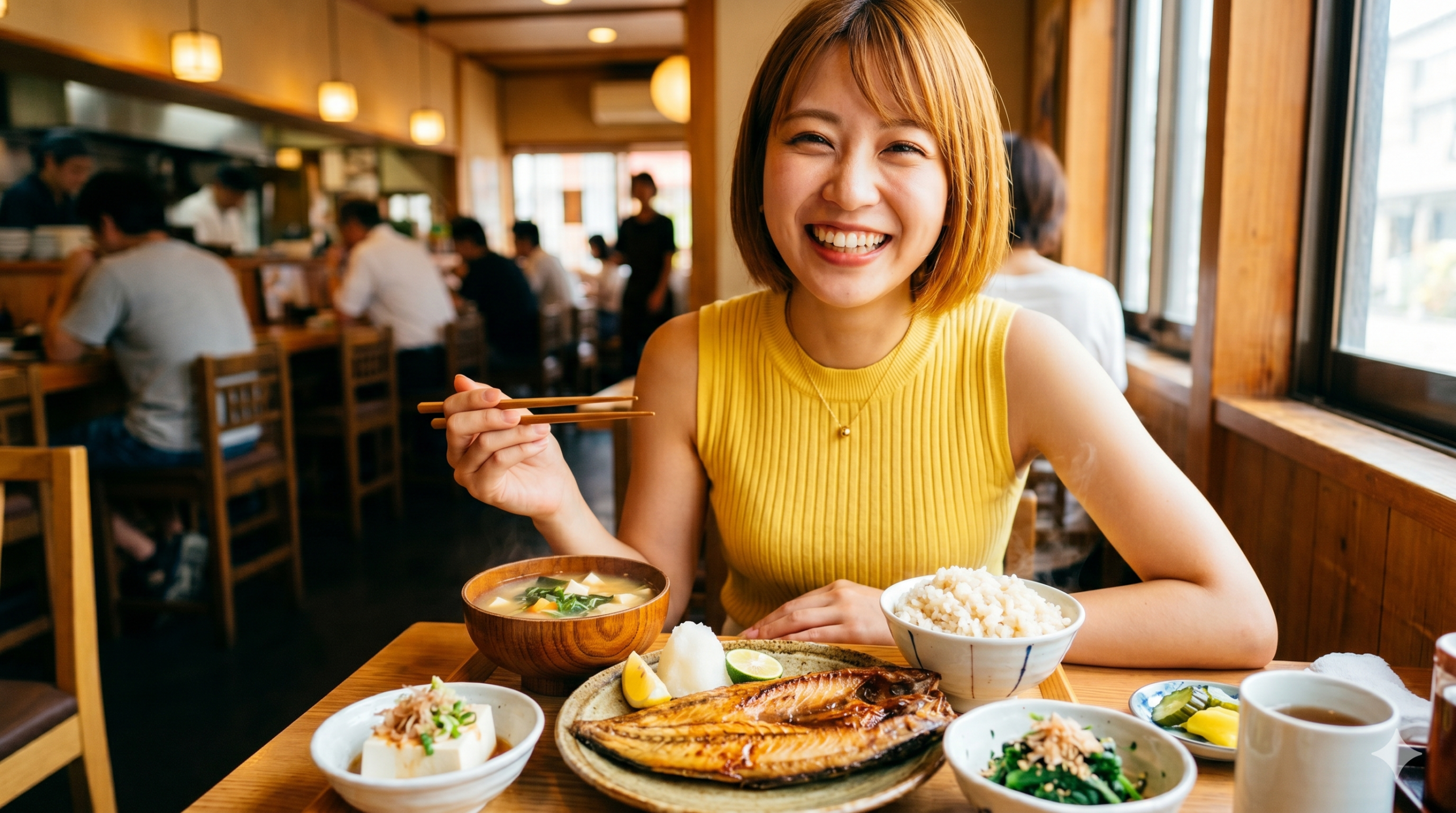 和食レストランで、ホッケの開き定食を前に箸を持ち、カメラに向かって満面の笑みを浮かべる女性