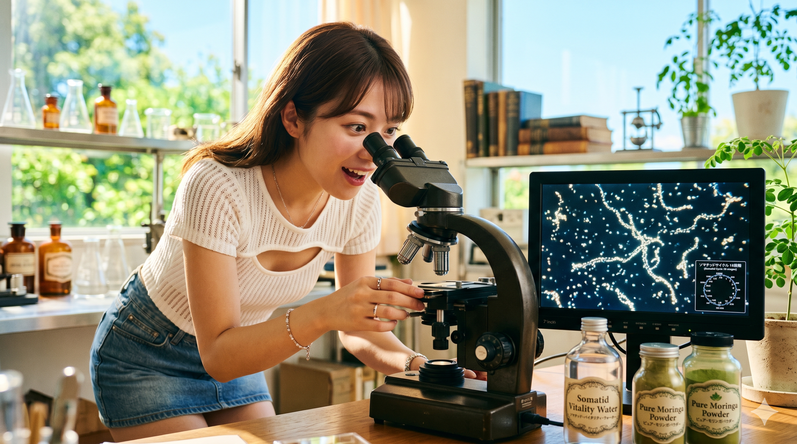 驚くべき発見- ソマチッドを見る若い女性 明るい研究室で顕微鏡を覗き込む若い日本人女性。