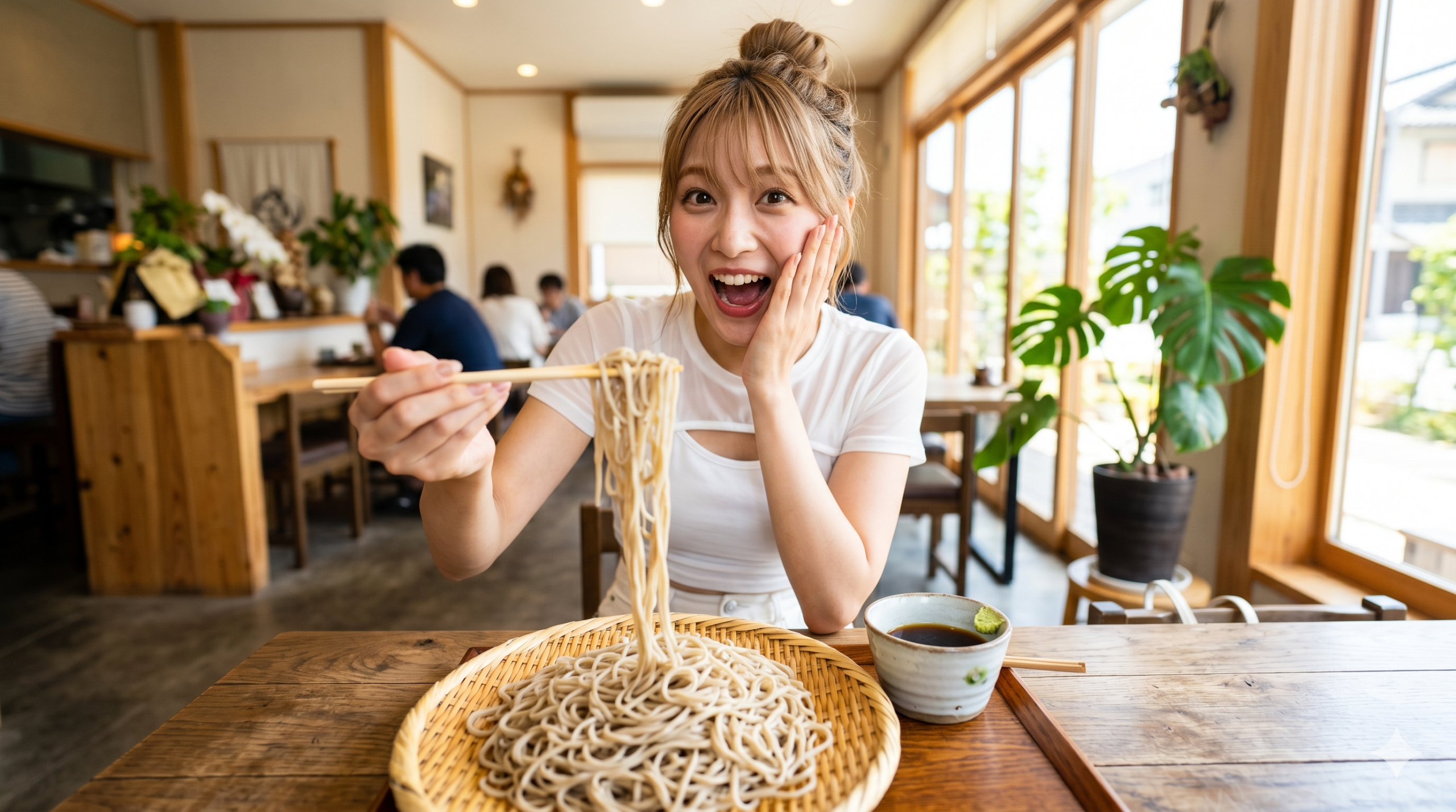 和モダンな蕎麦屋で、箸で持ち上げた十割蕎麦を前に、驚愕の表情でカメラを見る明るい髪の若い女性