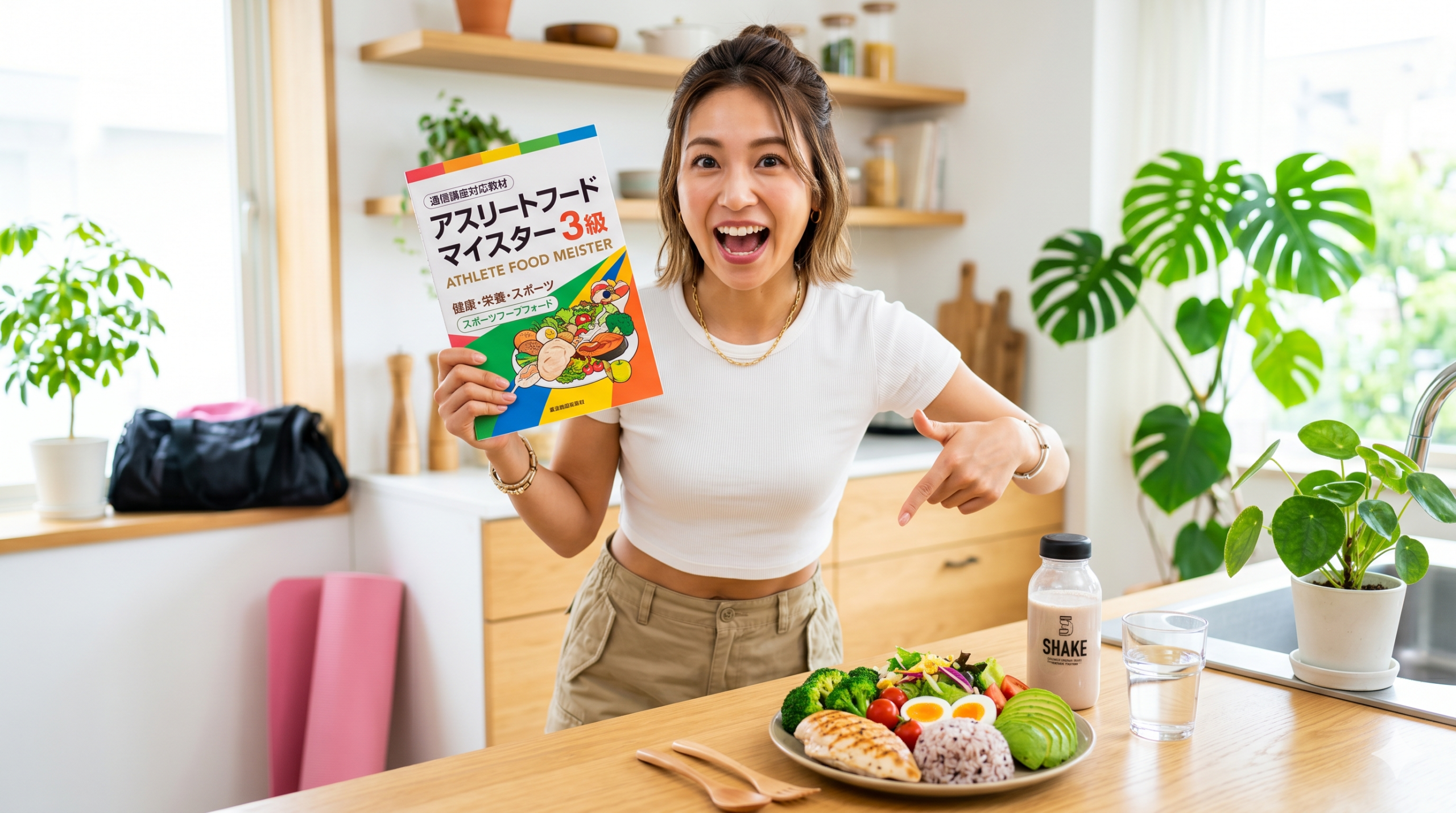『アスリートフードマイスター 3級』のテキストを持つ女性が、健康的な食事を指さして笑顔でポーズをとっている