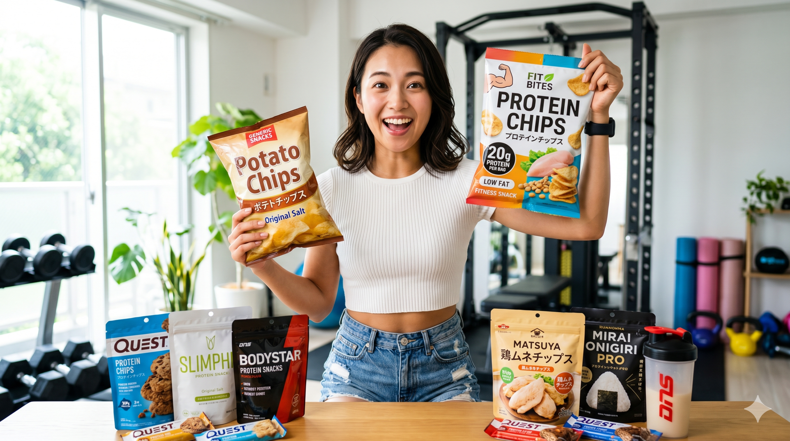 ホームジムで、笑顔の日本人女性がポテトチップスとプロテインチップスの袋を両手に持ち、比較するようにカメラに向けて掲げている