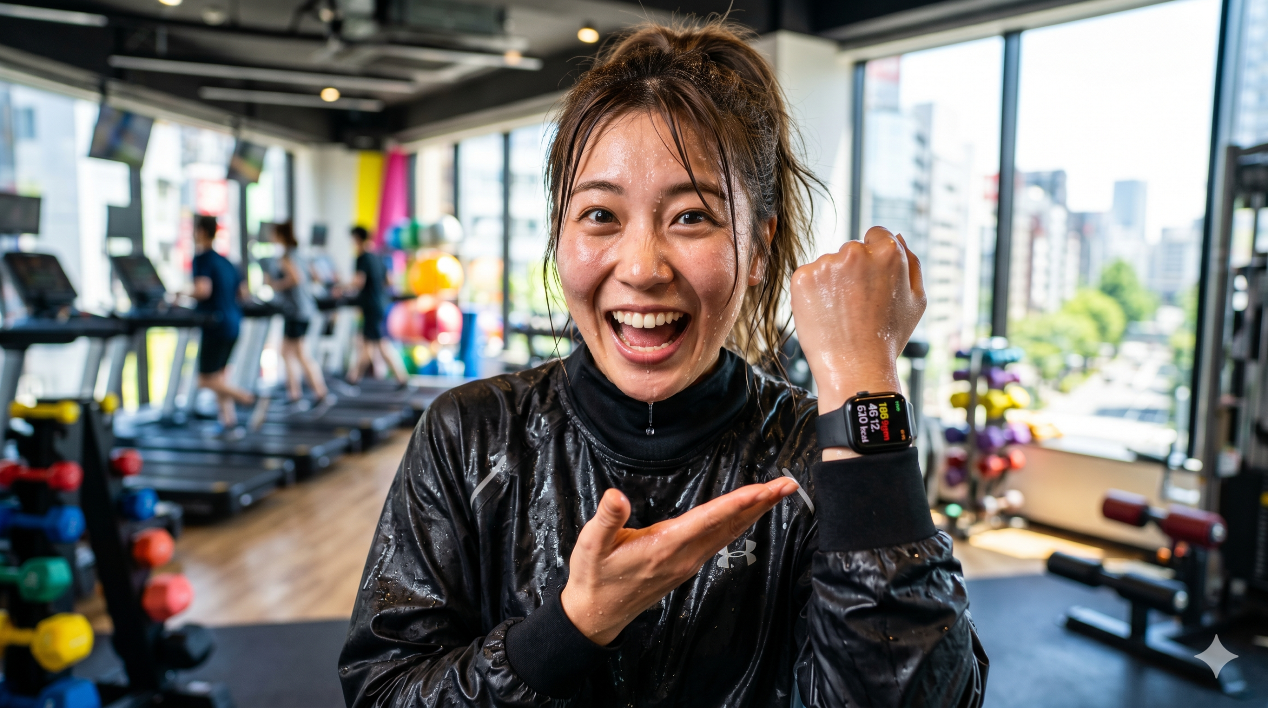 フィットネスジムで大汗をかいた日本人女性が、驚きと達成感の表情で手首のスマートウォッチを指差しているサウナスーツ