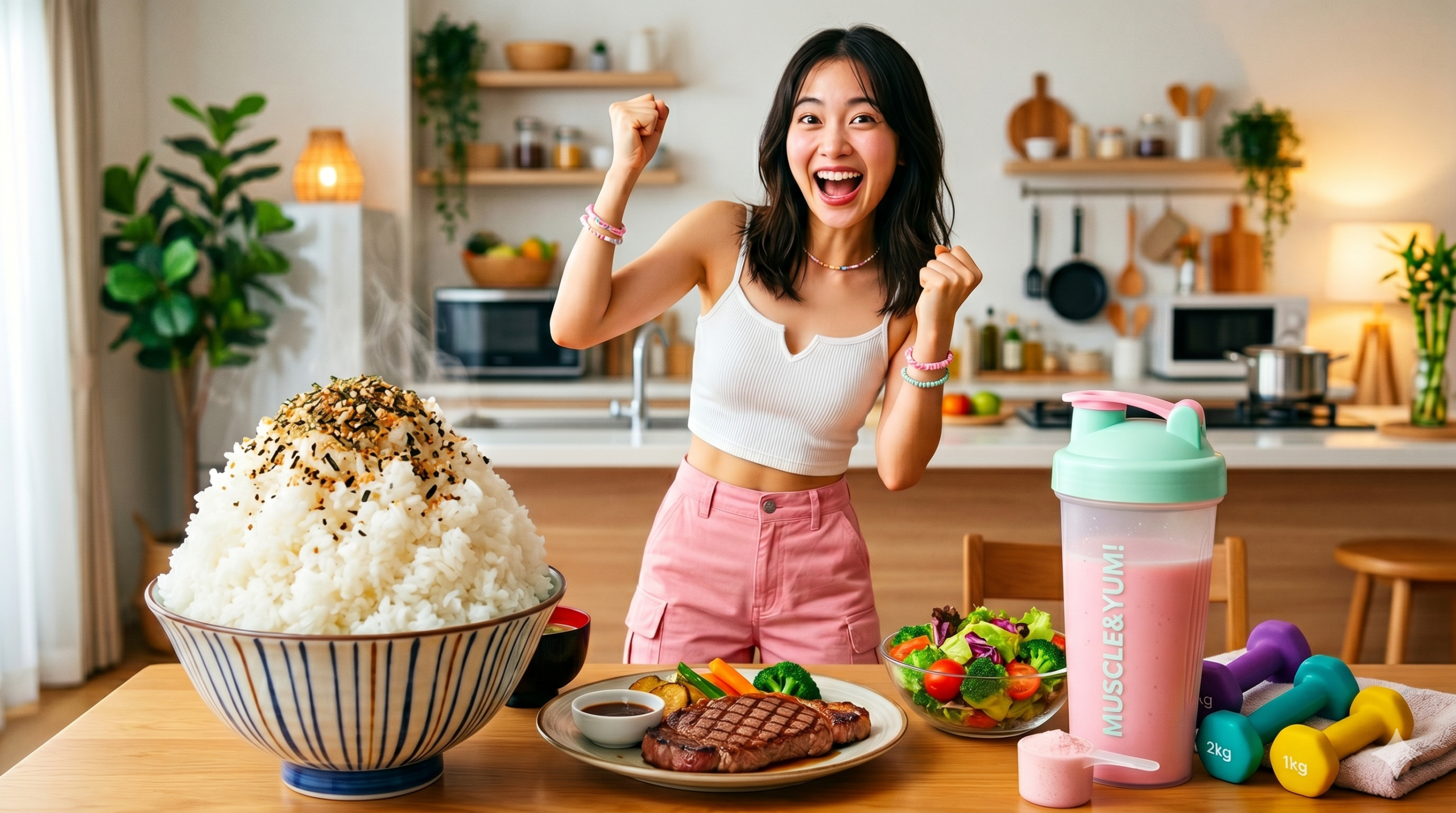 プロテインとデカ盛りご飯に驚喜するフィットネス女子 キッチンダイニングで、超大盛りご飯とステーキ、プロテインを前に驚きの表情でガッツポーズをするY2Kスタイルの日本人女性