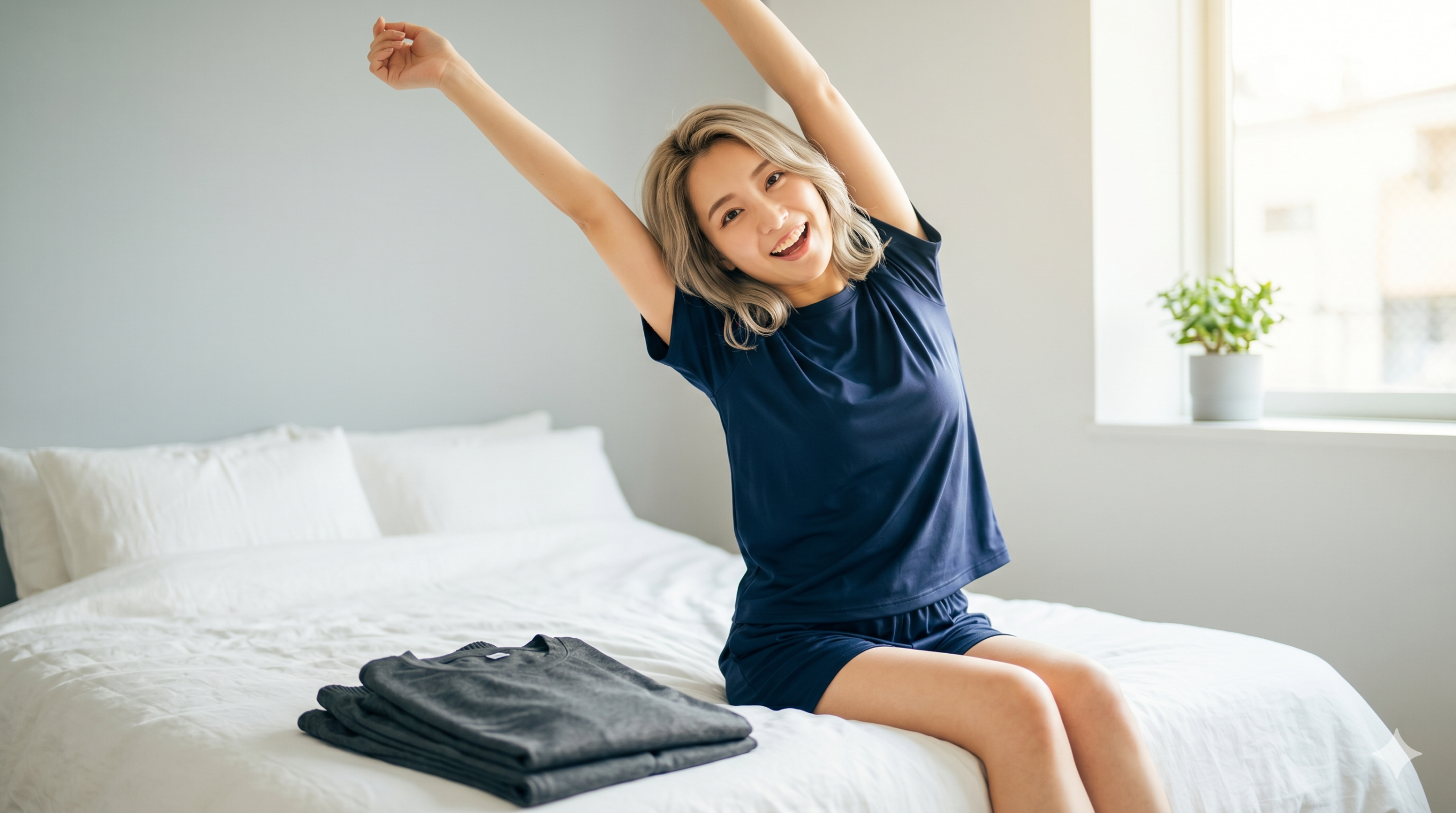 幸せな朝の目覚め-ベッドで伸びをするネイビーリカバリーウェア着の女性