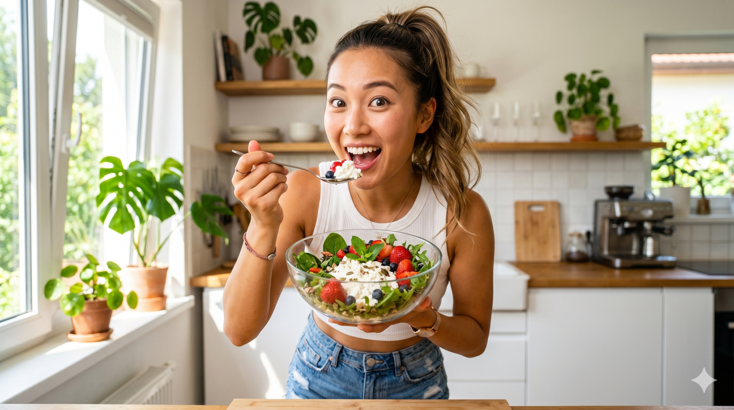 カッテージチーズとフルーツのサラダを食べて美味しさに驚く若い女性