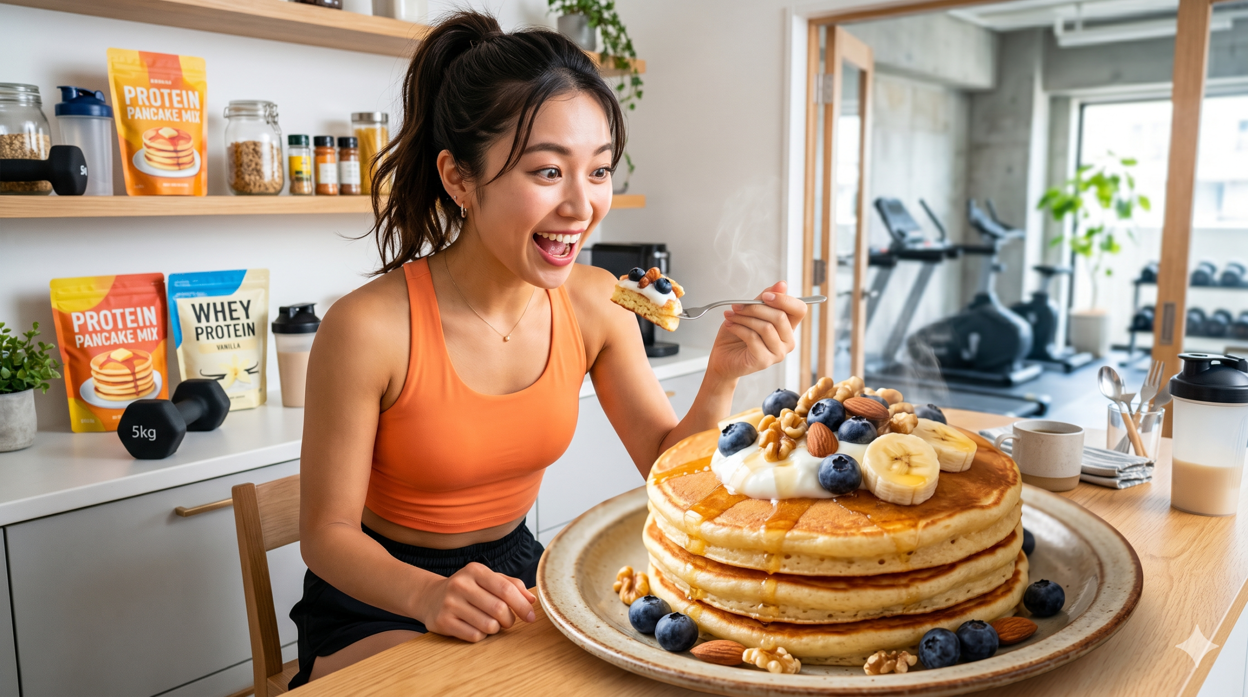キッチンでプロテインホットケーキを見て驚き喜ぶスポーツウェアの日本人女性