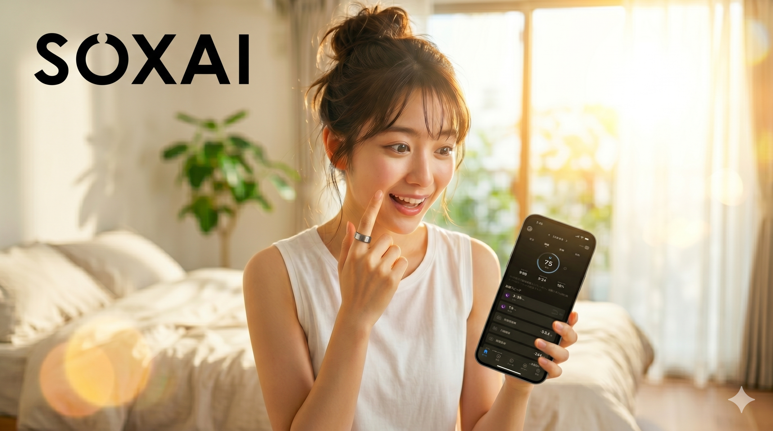 日当たりの良い寝室でSOXAIの睡眠スコアに驚く女性