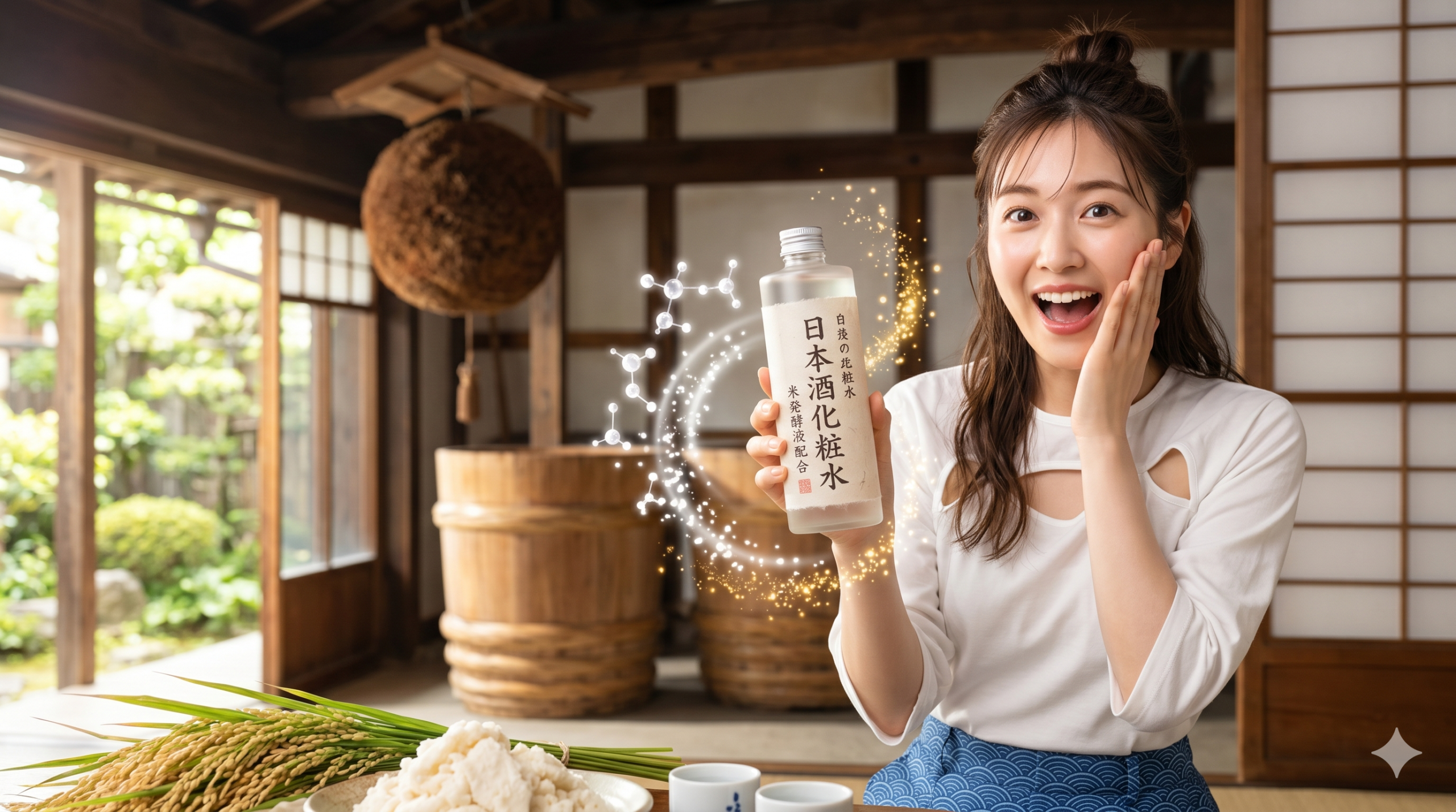 伝統的な酒蔵を背景に、日本酒化粧水ボトルを指して驚く表情の女性。