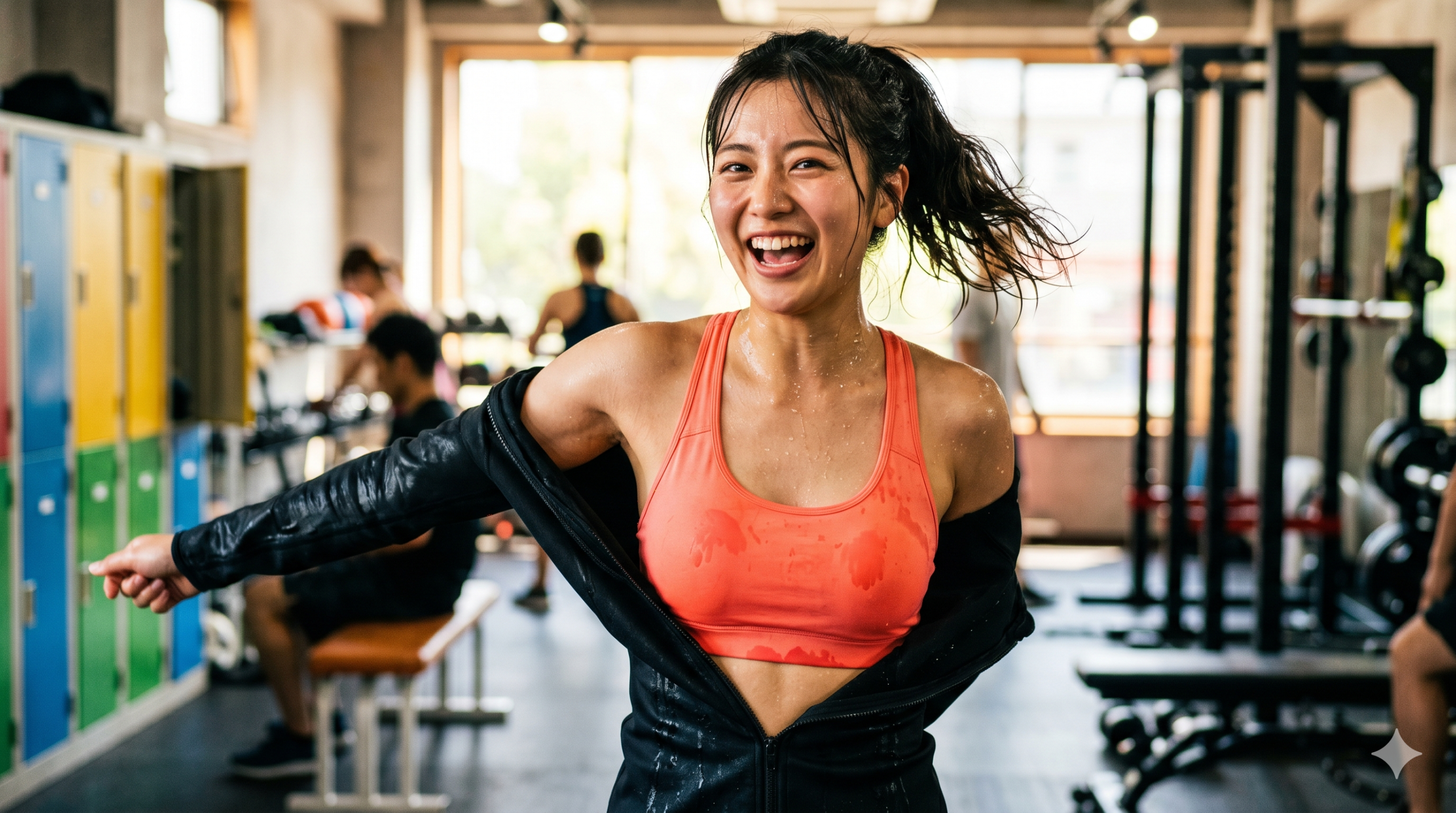 運動後にサウナスーツを脱いで満面の笑みを浮かべる汗だくの女性