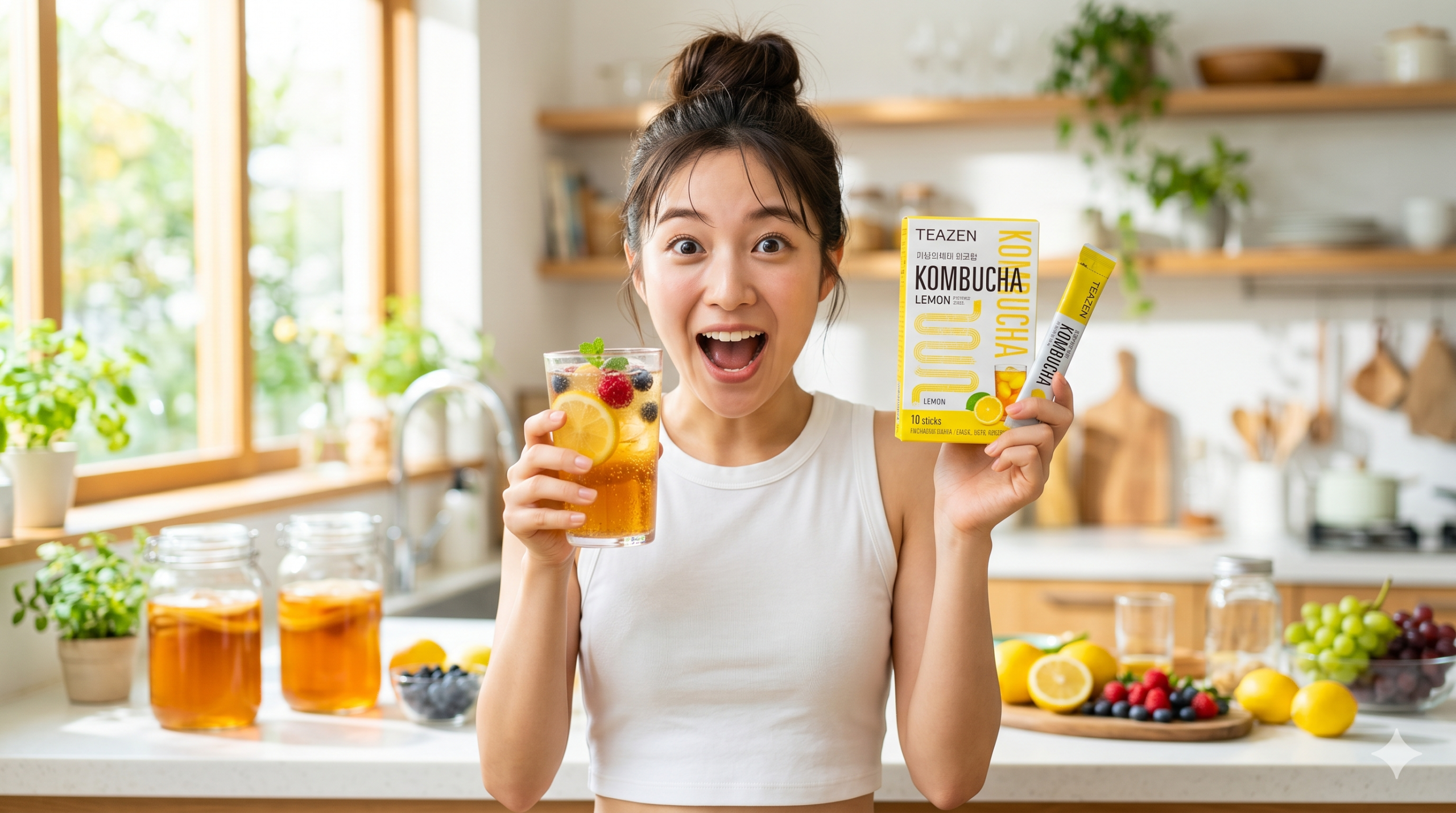日差しが差し込むキッチンで、フルーツの入ったコンブチャグラスとTEAZENの箱を持って大きく口を開けて驚く女性