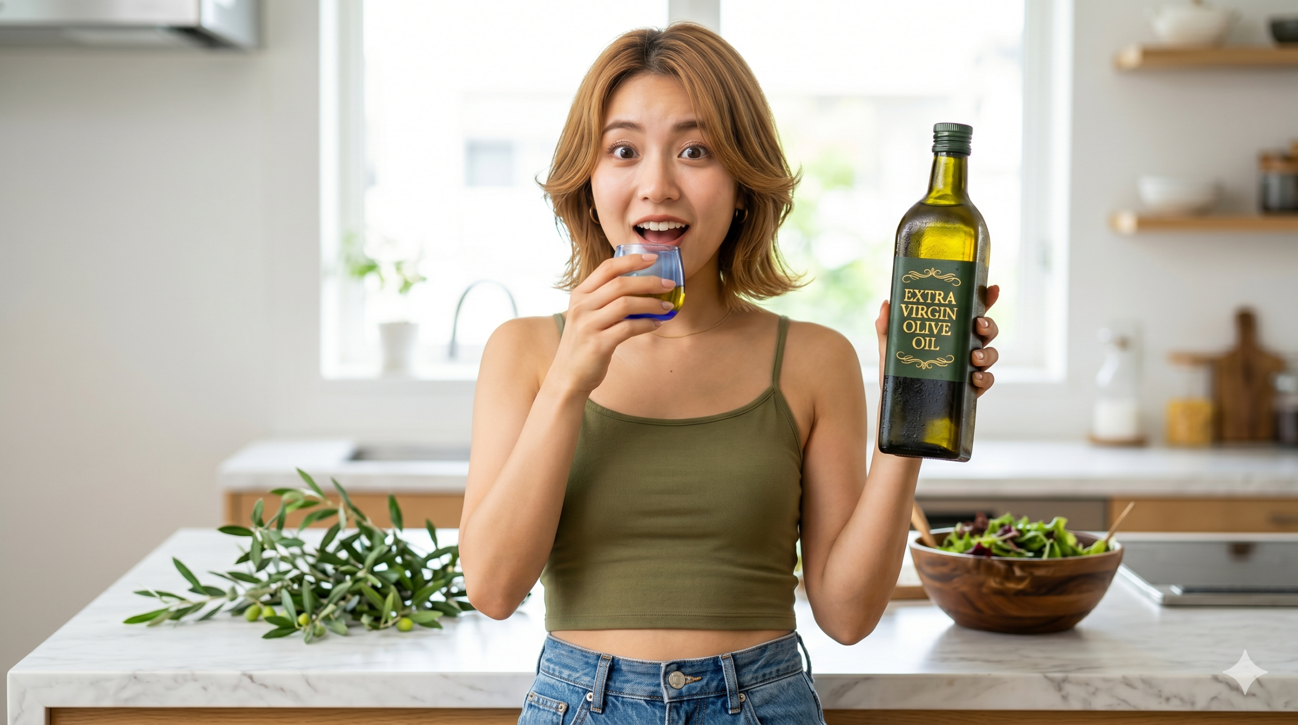 モダンキッチンでオリーブオイルのボトルを持ち、小さなカップで試飲する、驚いた表情の日本人女性