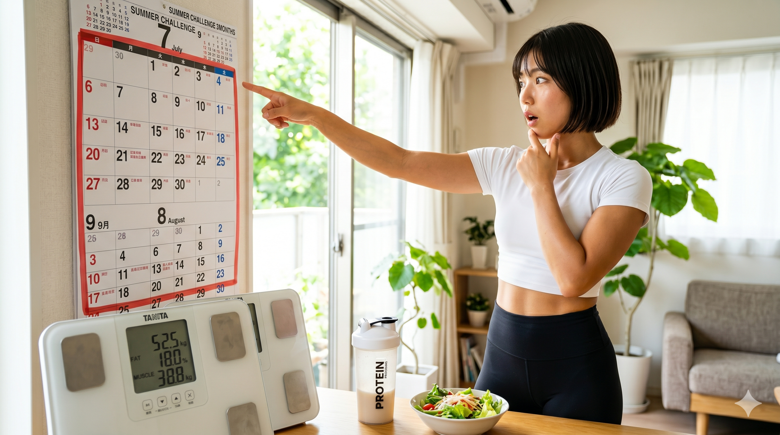夏の3ヶ月フィットネスチャレンジのカレンダーを指差し、驚いた表情で考えるフィットネスウェア姿の若い女性。手前には体組成計とプロテイン、サラダがある。